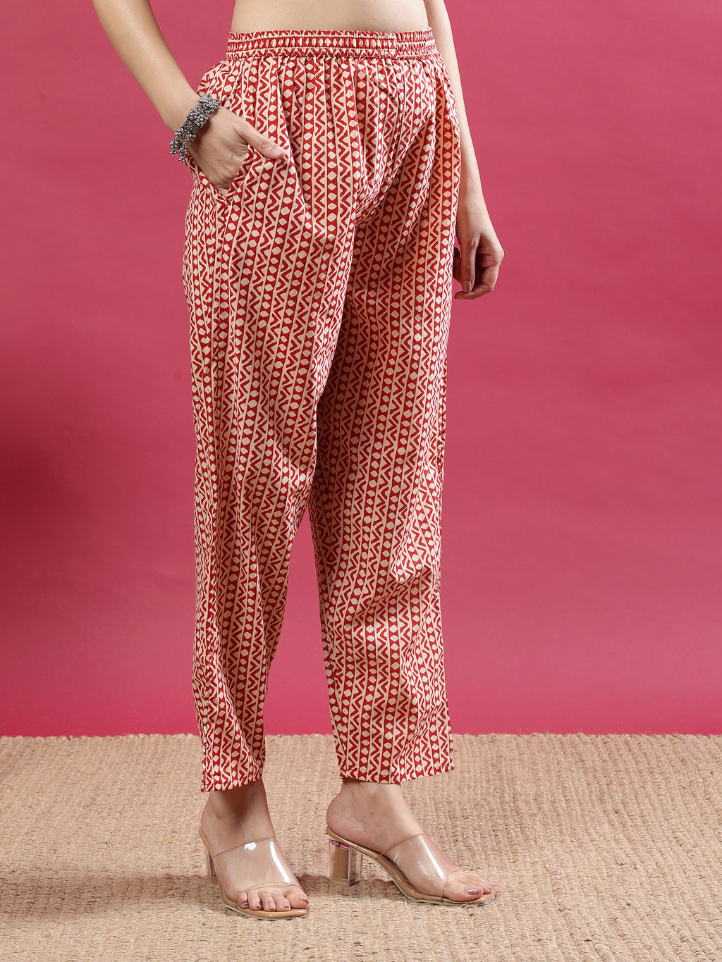 Maroon Handblock Printed Rayon Kurta Set with Red Dupatta