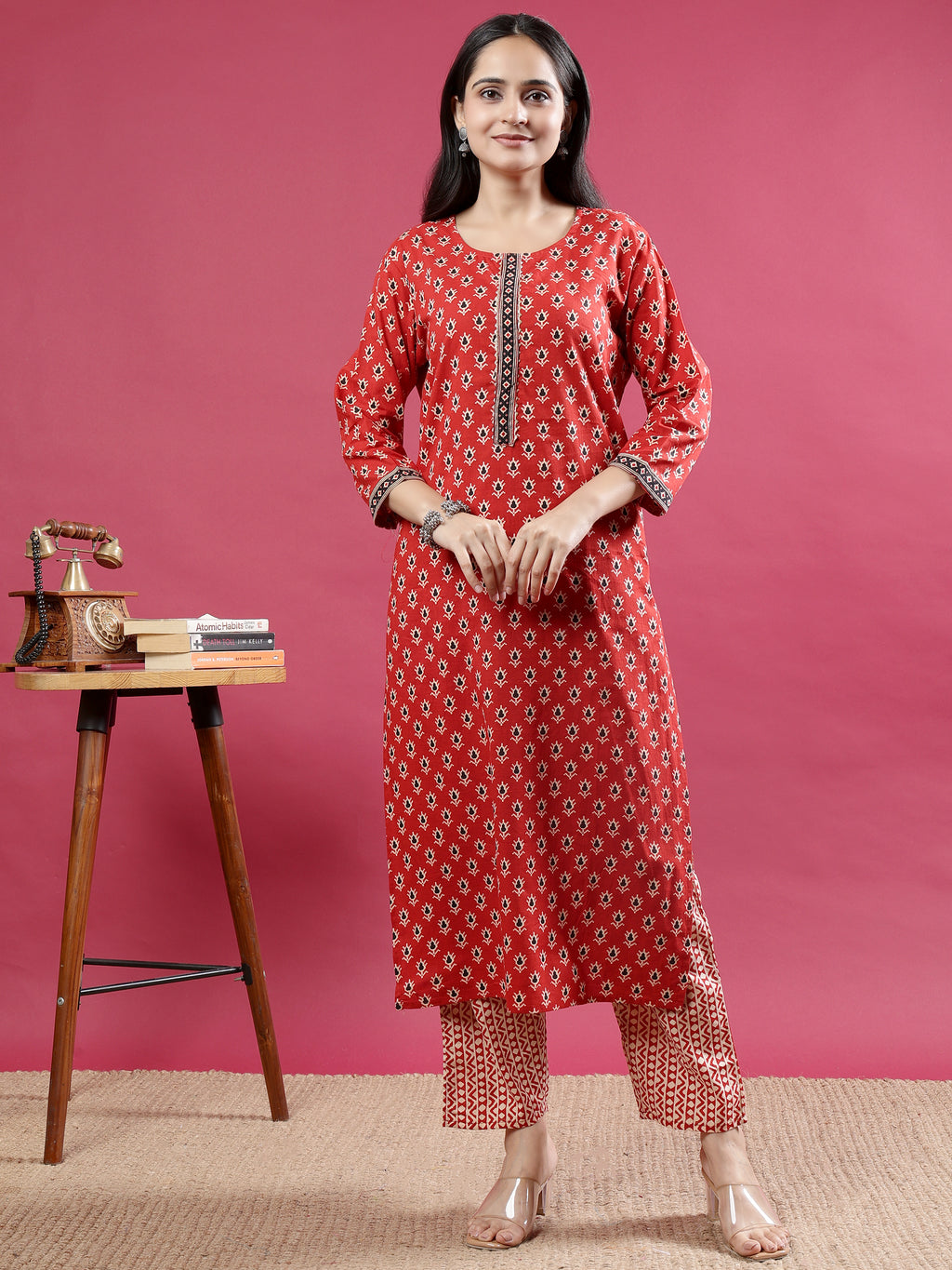 Maroon Handblock Printed Rayon Kurta Set with Red Dupatta