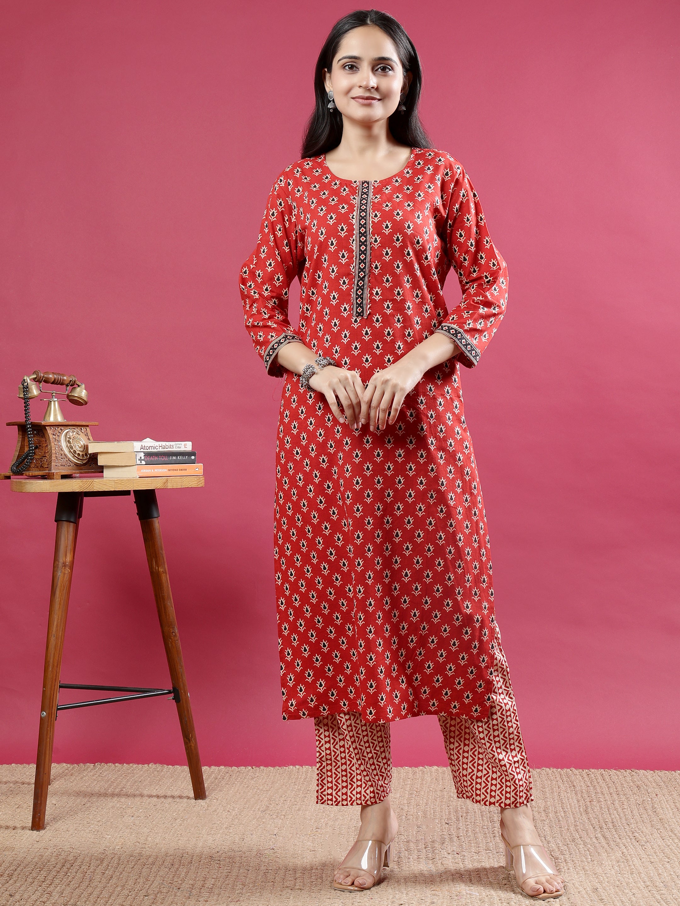 Maroon Handblock Printed Rayon Kurta Set with Red Dupatta