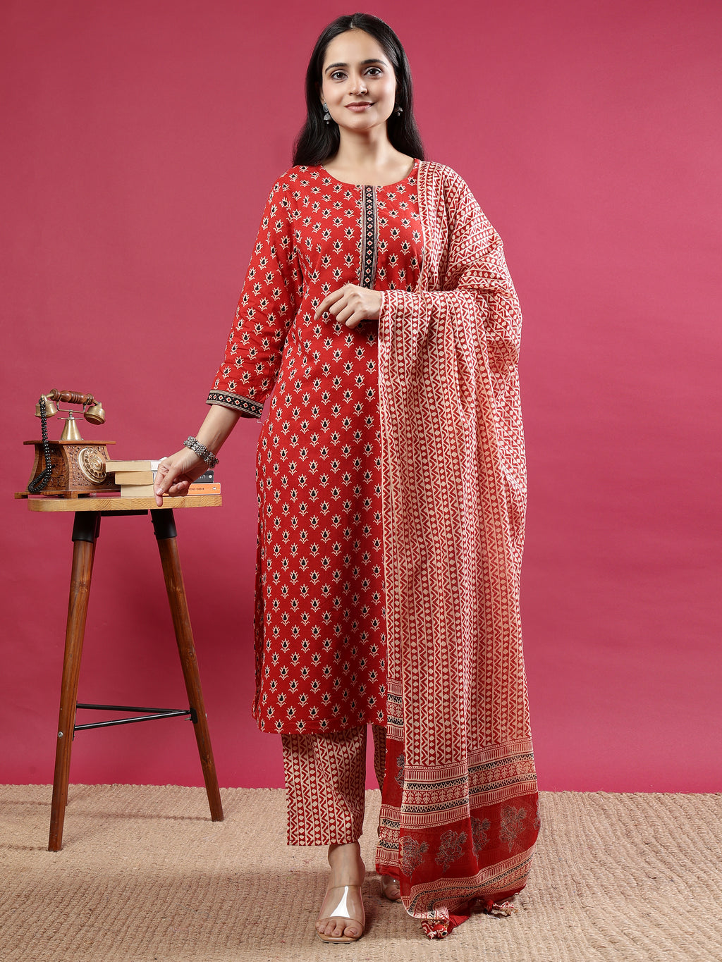 Maroon Handblock Printed Rayon Kurta Set with Red Dupatta Brown
