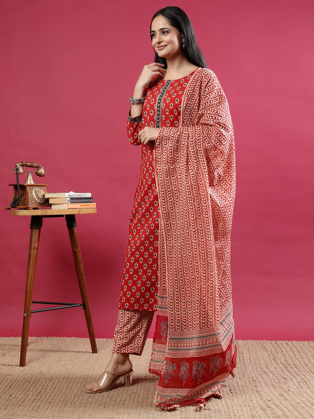 Maroon Handblock Printed Rayon Kurta Set with Red Dupatta