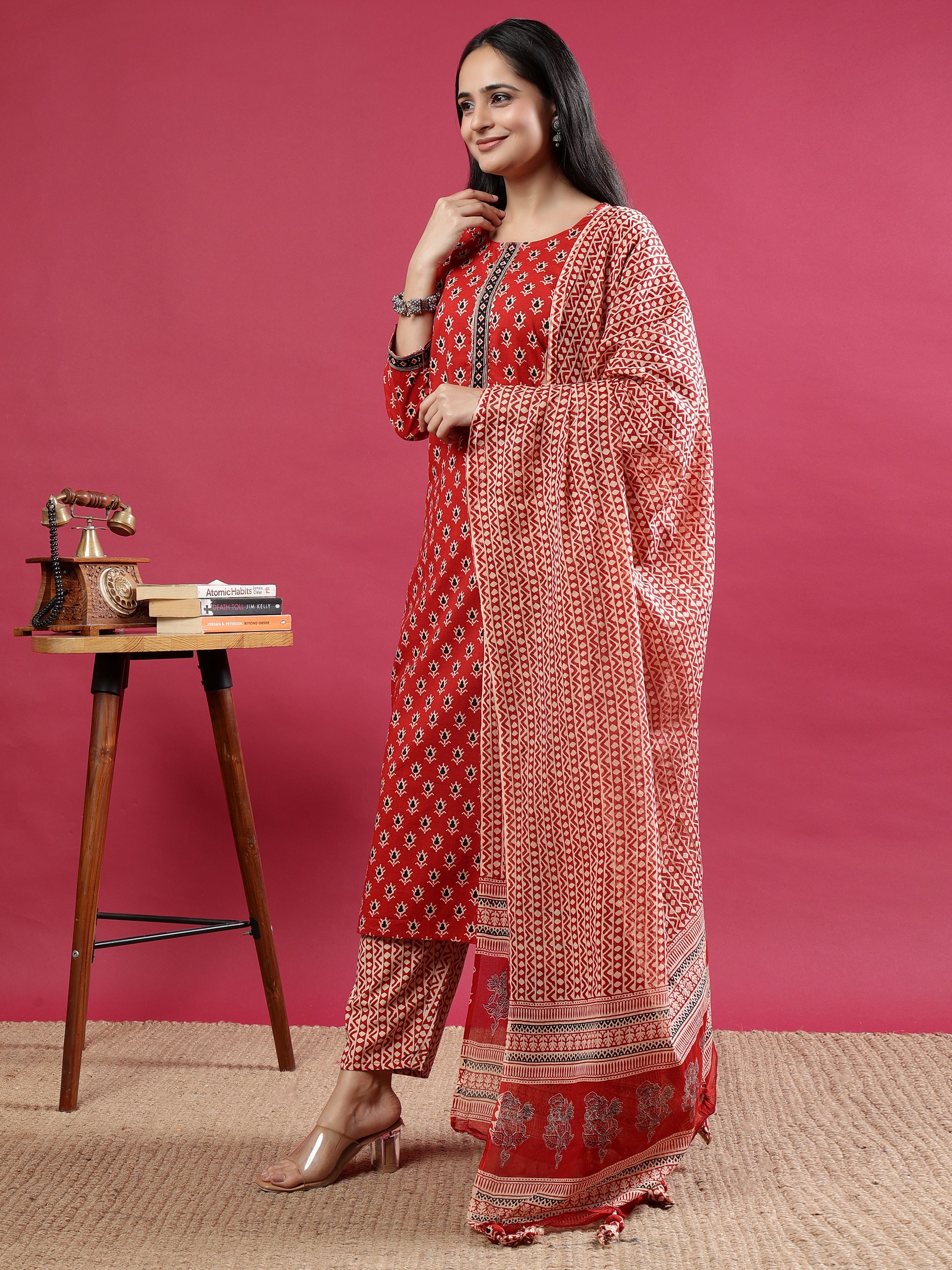 Maroon Handblock Printed Rayon Kurta Set with Red Dupatta