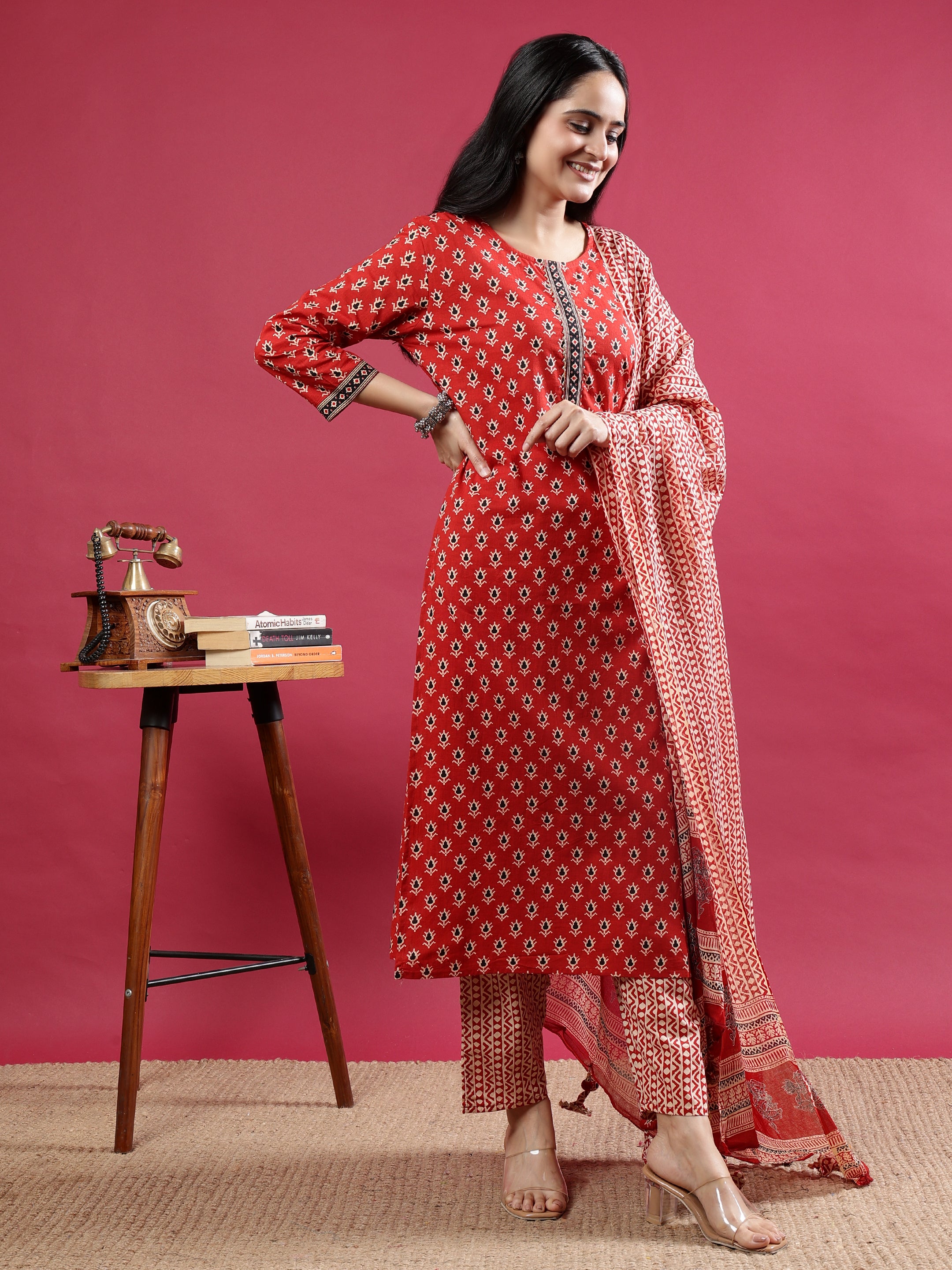 Maroon Handblock Printed Rayon Kurta Set with Red Dupatta
