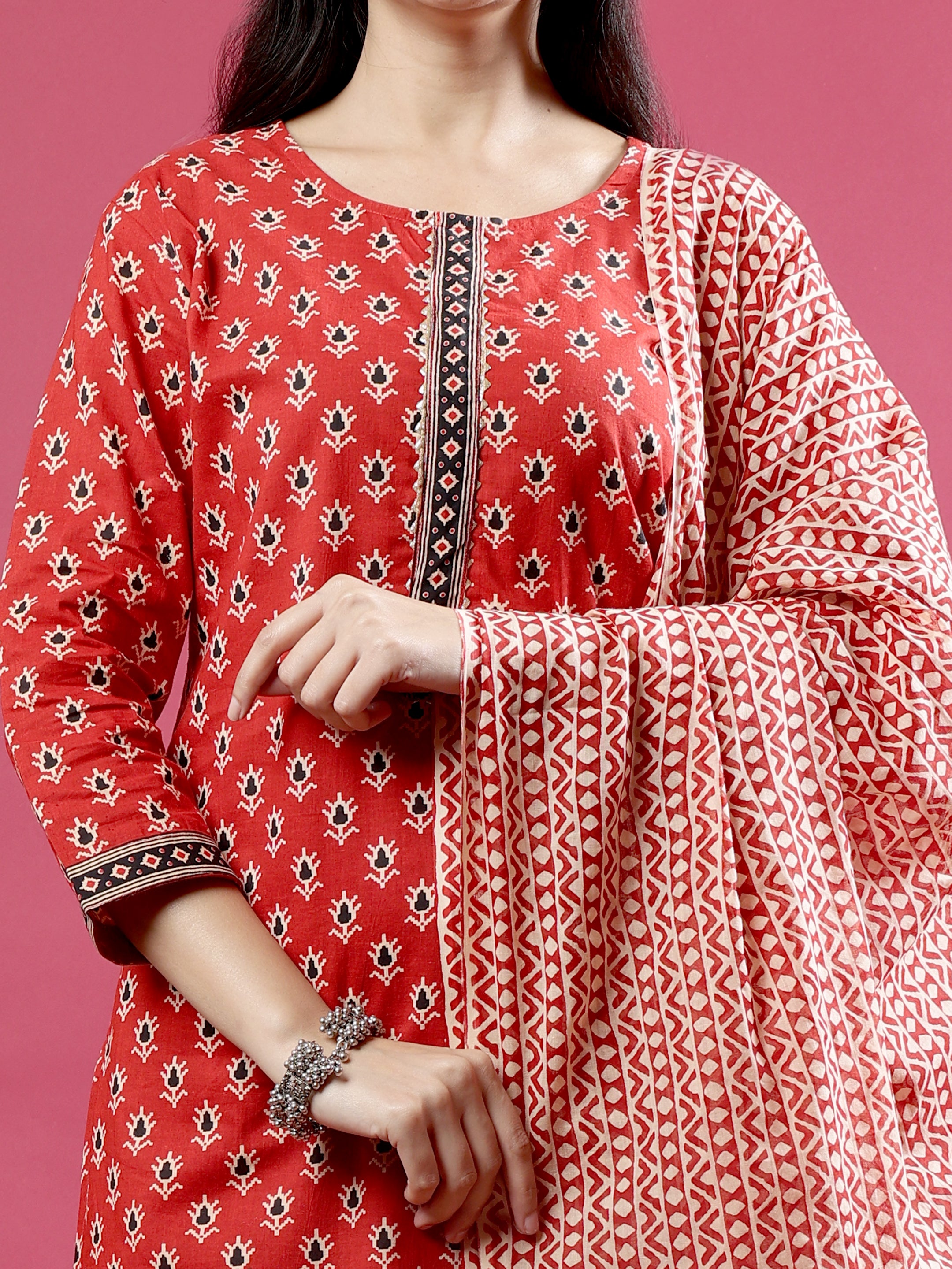 Maroon Handblock Printed Rayon Kurta Set with Red Dupatta