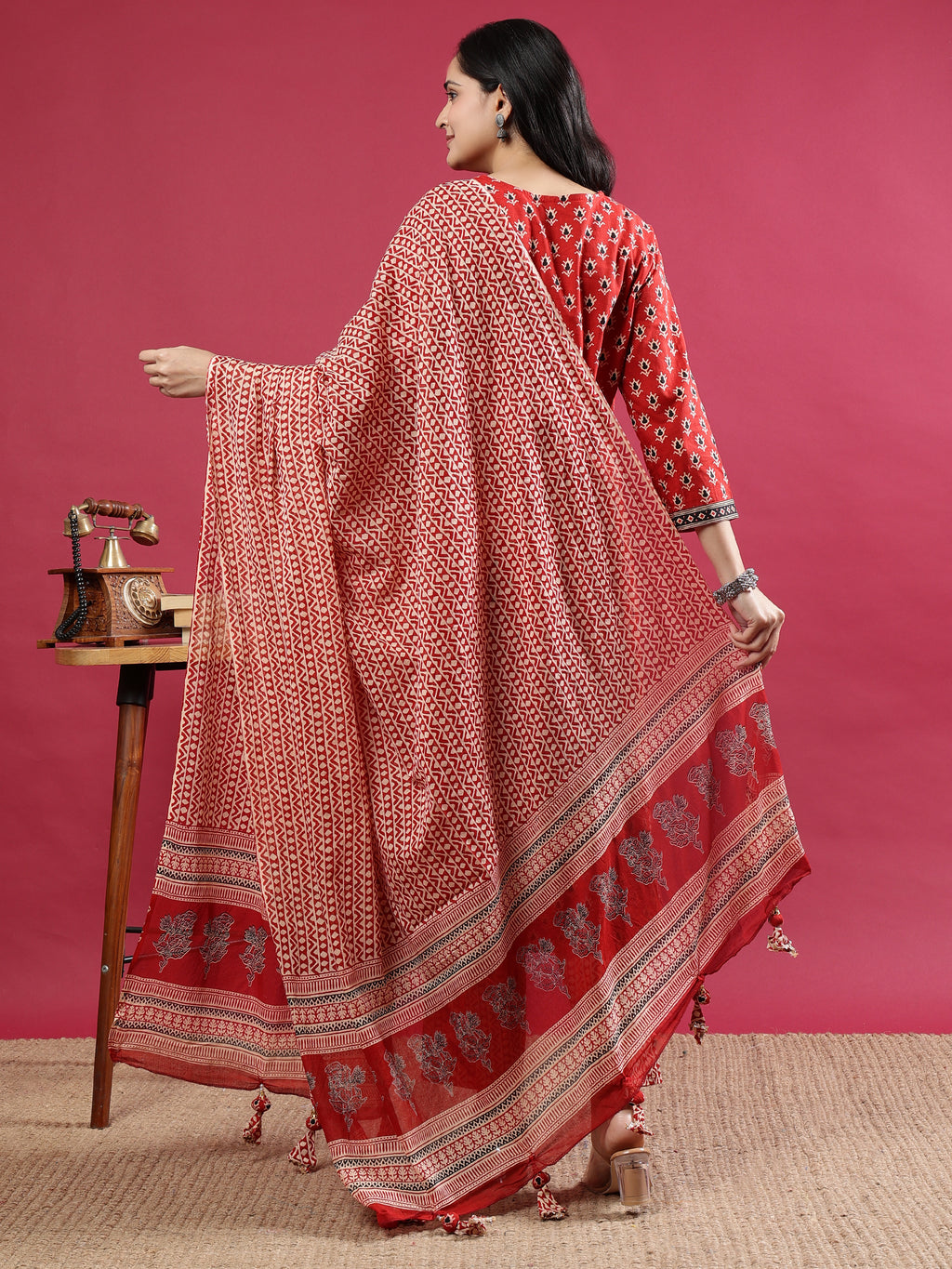 Maroon Handblock Printed Rayon Kurta Set with Red Dupatta