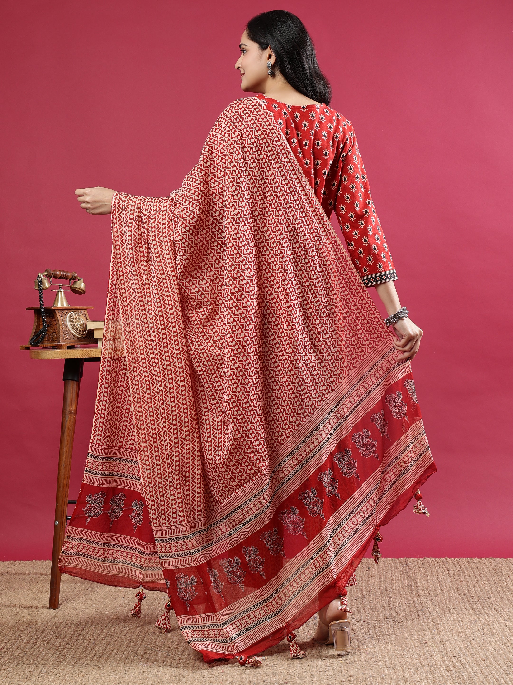 Maroon Handblock Printed Rayon Kurta Set with Red Dupatta