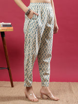 Teal Handblock Printed Rayon Kurta Set with Cream Zigzag Dupatta