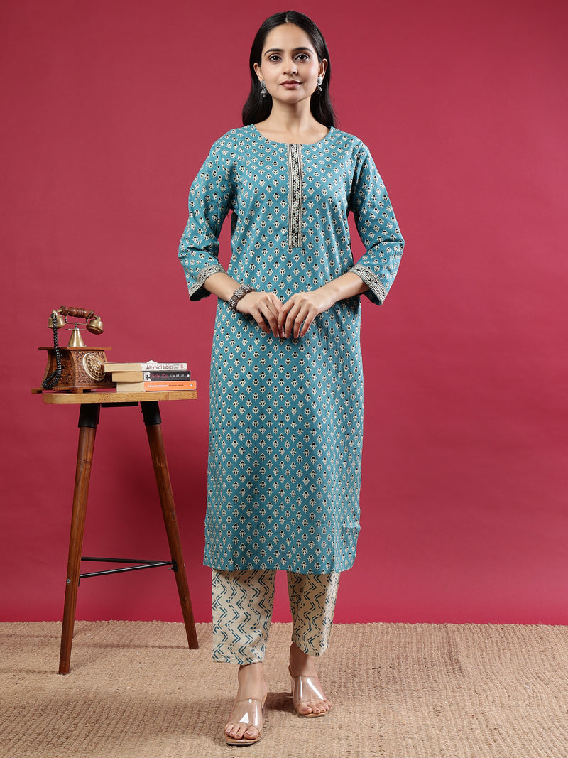 Teal Handblock Printed Rayon Kurta Set with Cream Zigzag Dupatta
