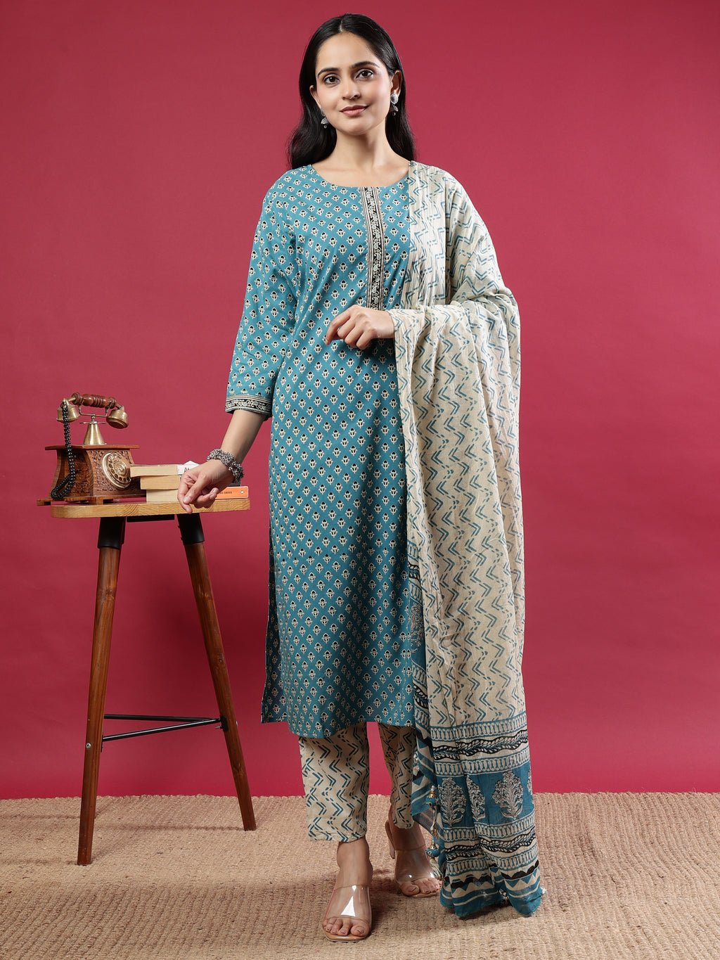 Teal Handblock Printed Rayon Kurta Set with Cream Zigzag Dupatta Teal Rayon