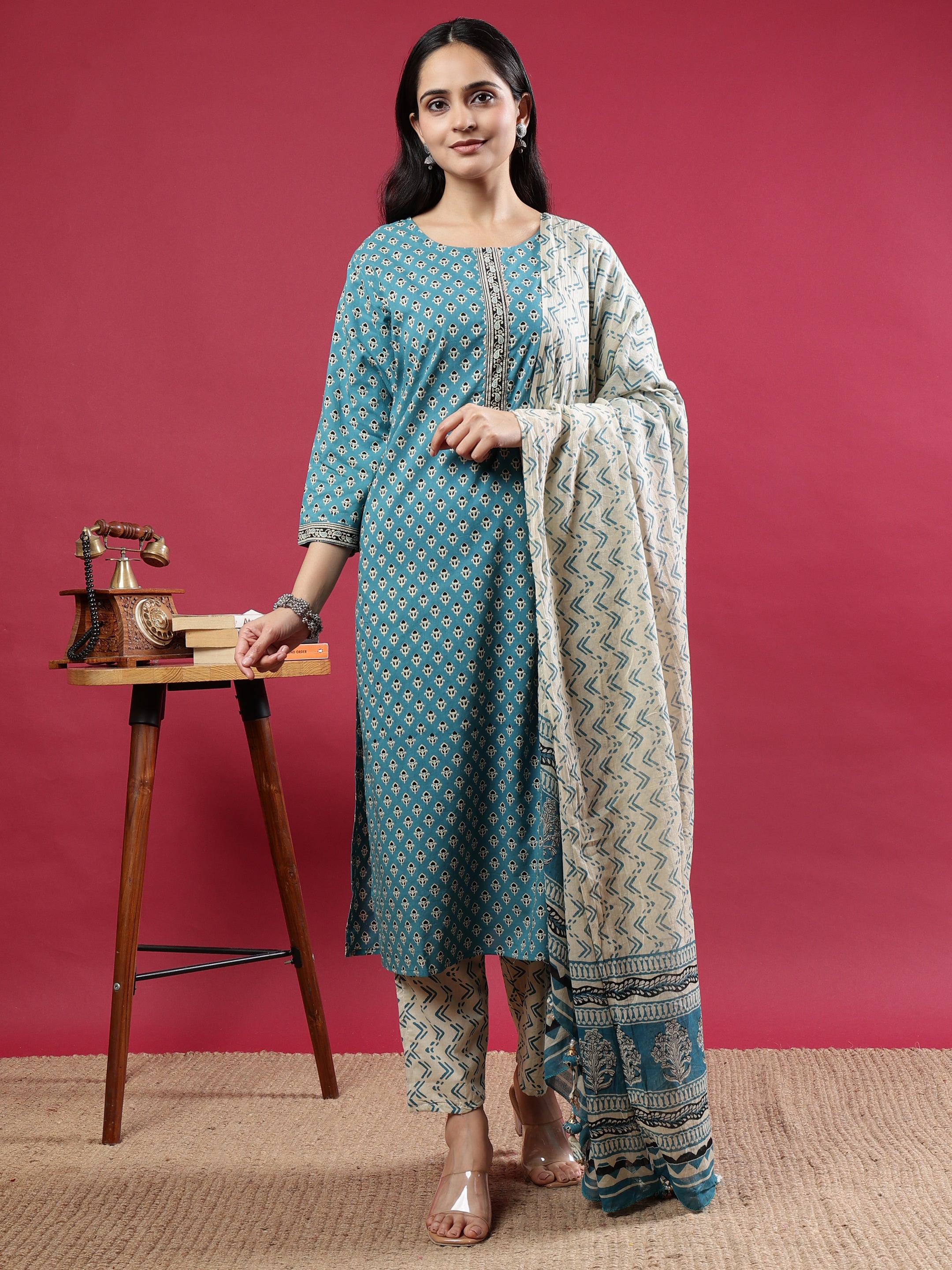 Teal Handblock Printed Rayon Kurta Set with Cream Zigzag Dupatta Teal Rayon