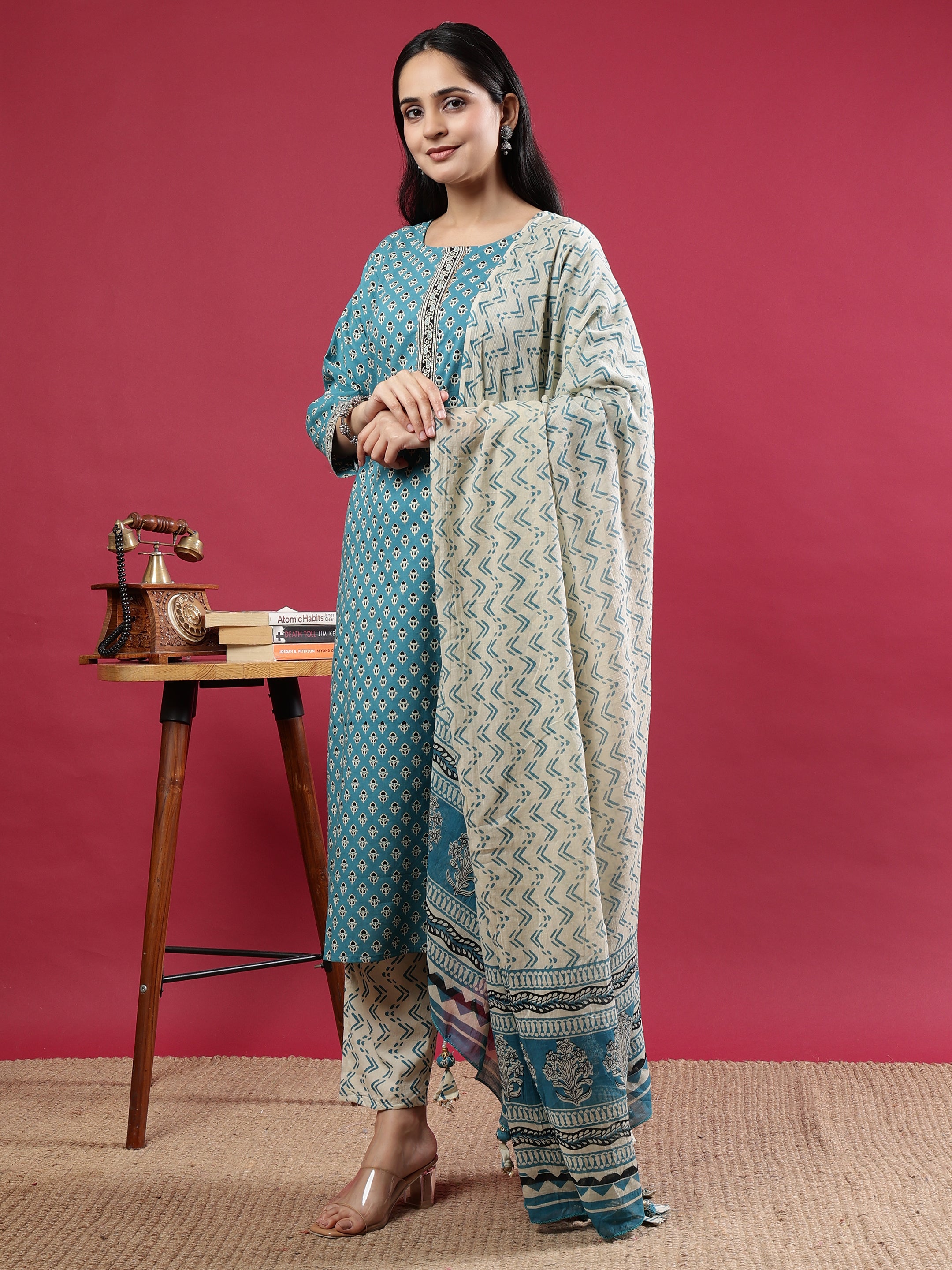 Teal Handblock Printed Rayon Kurta Set with Cream Zigzag Dupatta