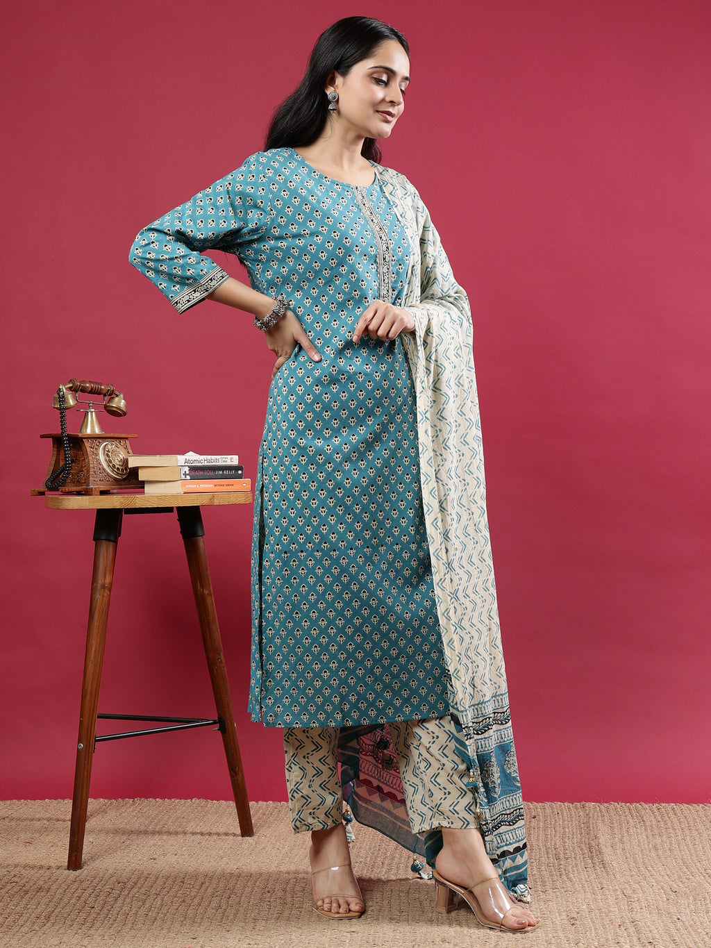 Teal Handblock Printed Rayon Kurta Set with Cream Zigzag Dupatta