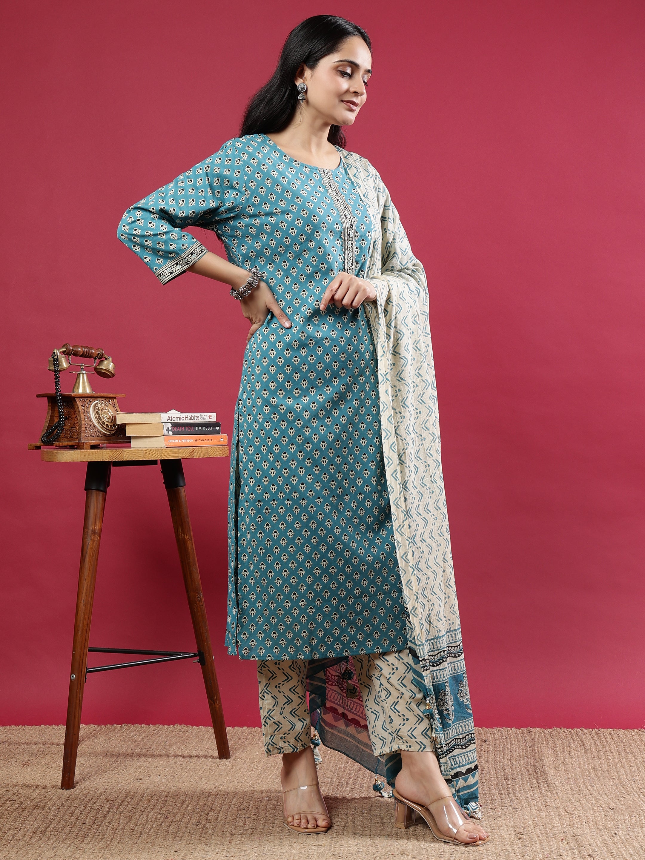 Teal Handblock Printed Rayon Kurta Set with Cream Zigzag Dupatta