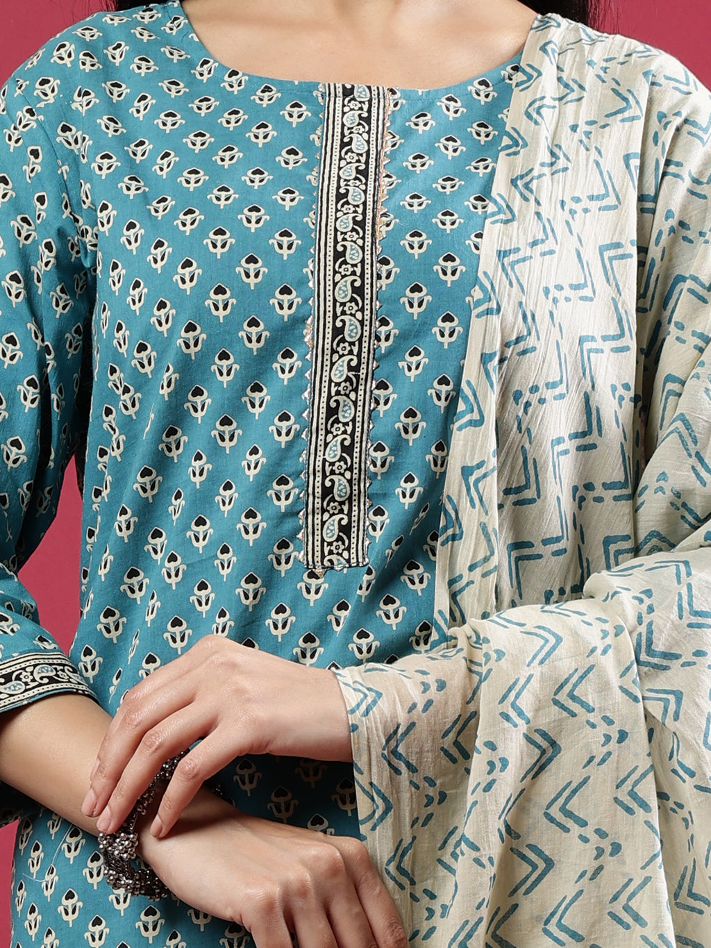 Teal Handblock Printed Rayon Kurta Set with Cream Zigzag Dupatta