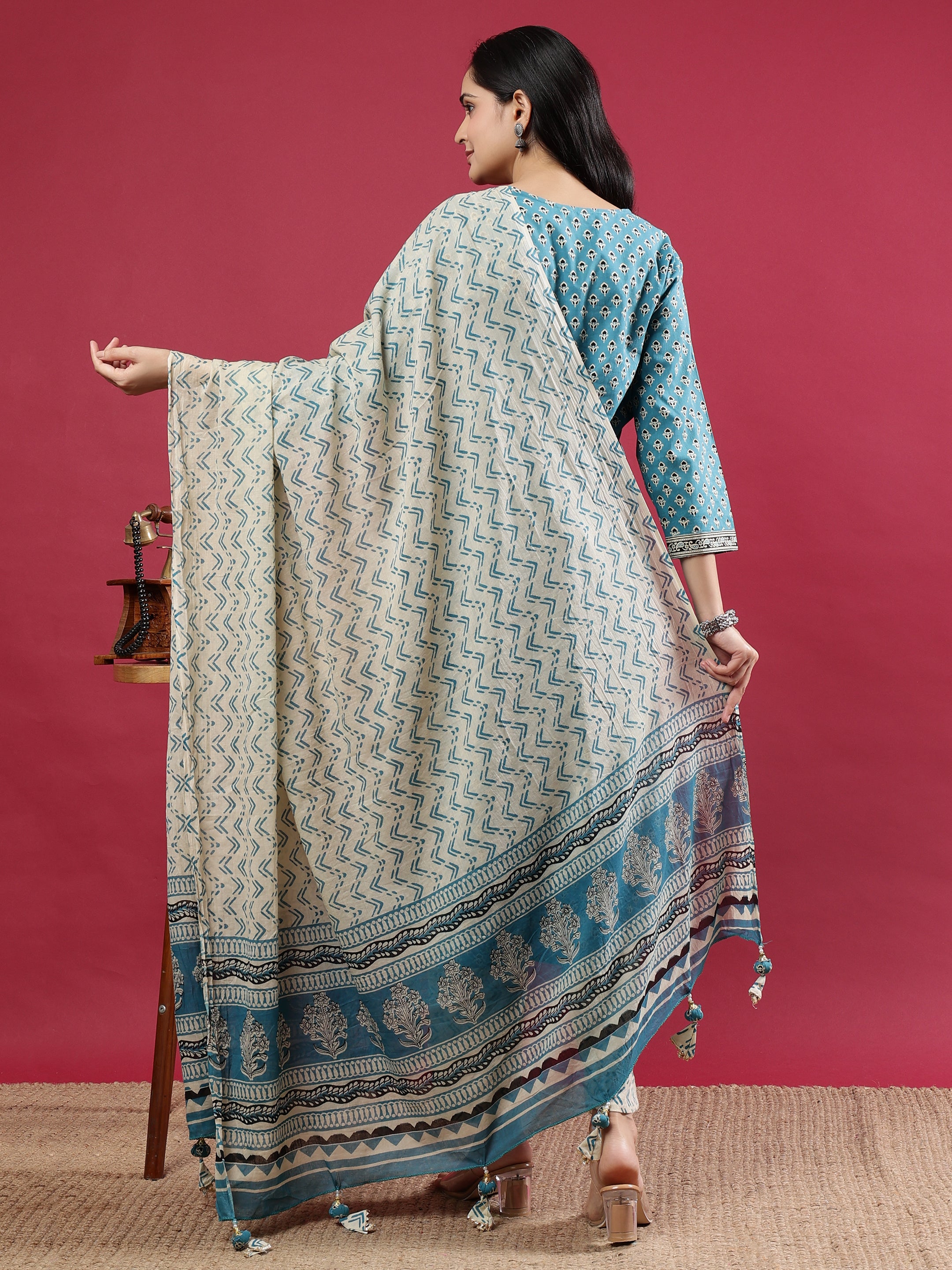 Teal Handblock Printed Rayon Kurta Set with Cream Zigzag Dupatta