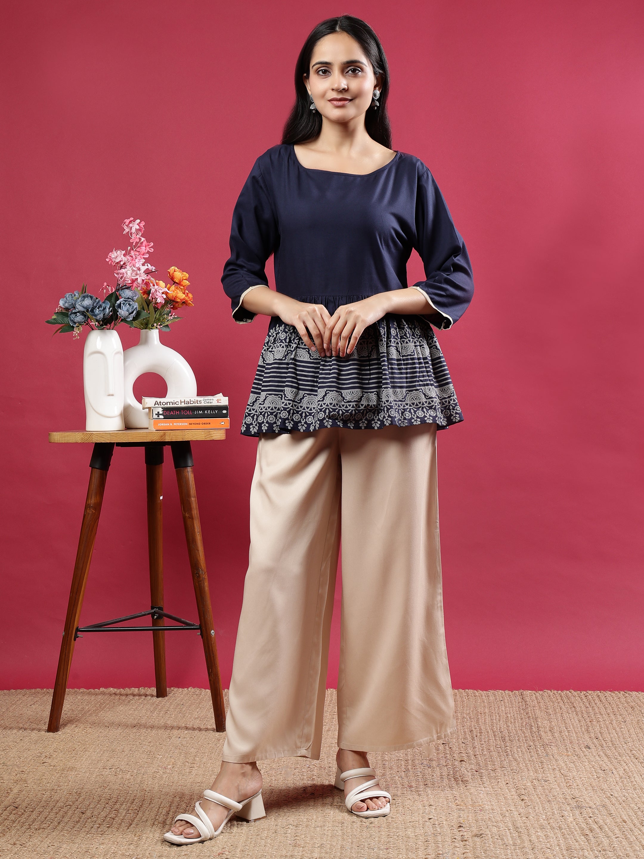 Cream Flared Solid Palazzo Pants with Side Pockets