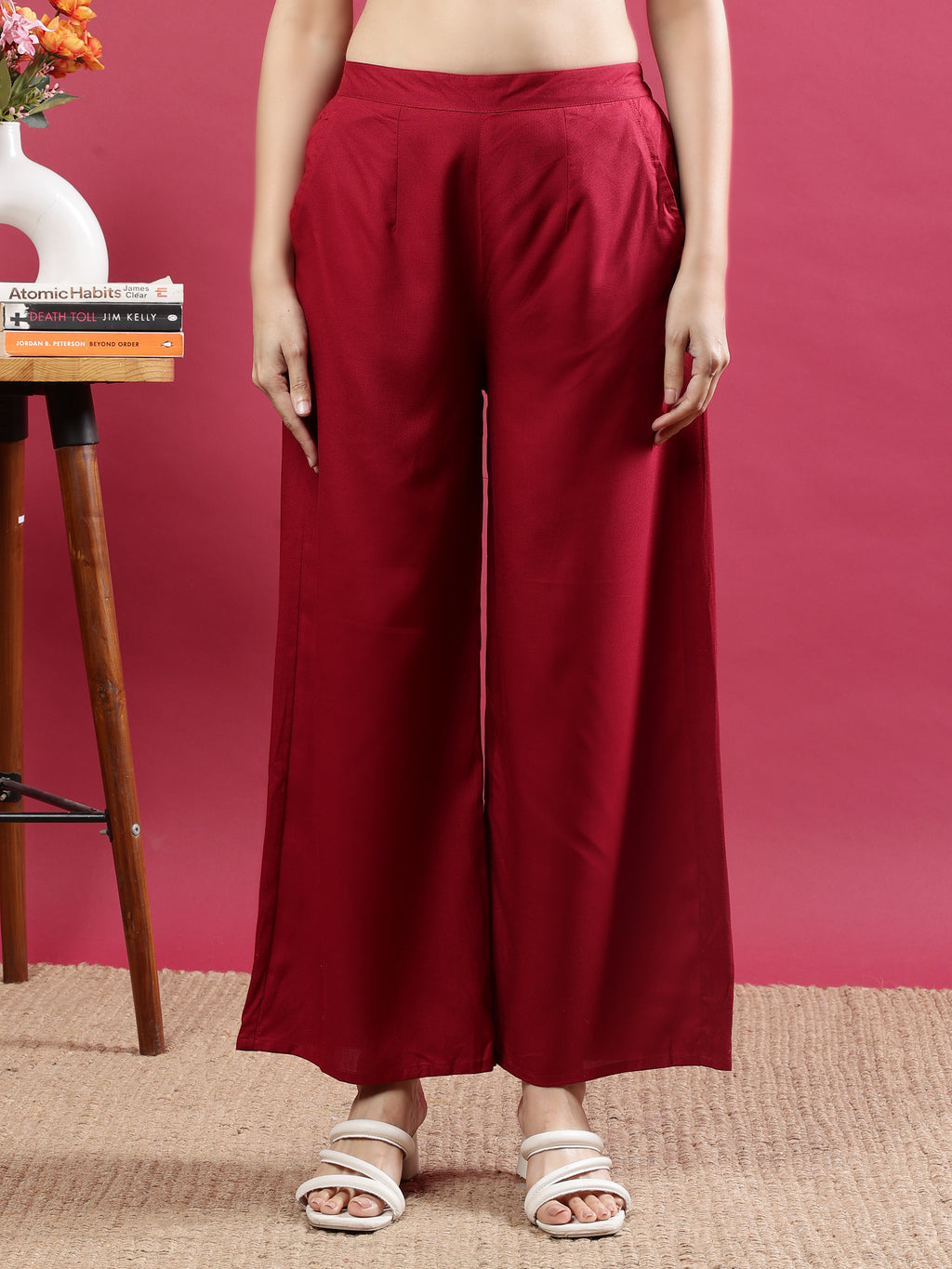 Maroon Viscose Rayon Wide-Leg Palazzo Pants with Pockets