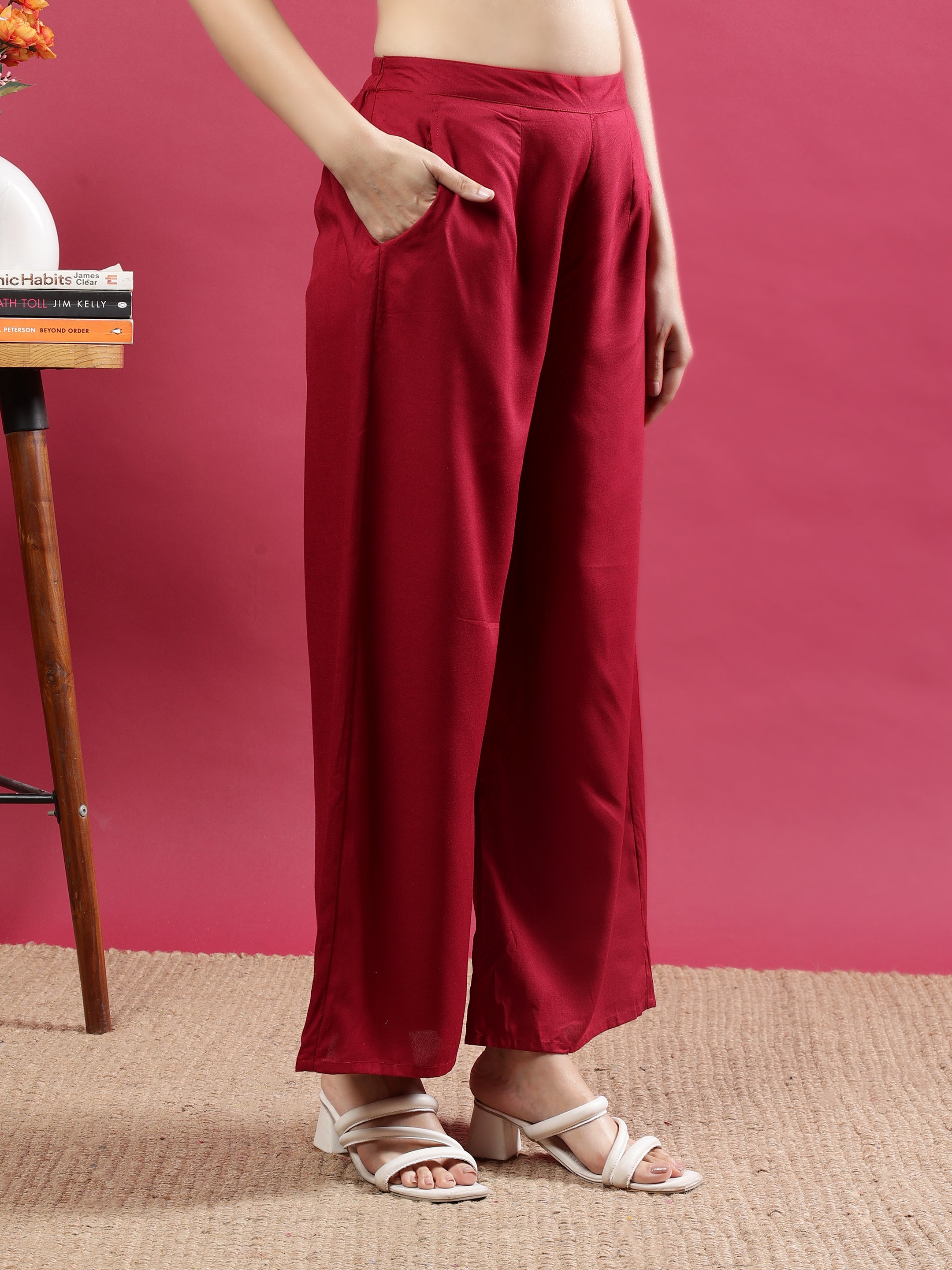Maroon Viscose Rayon Wide-Leg Palazzo Pants with Pockets Brown