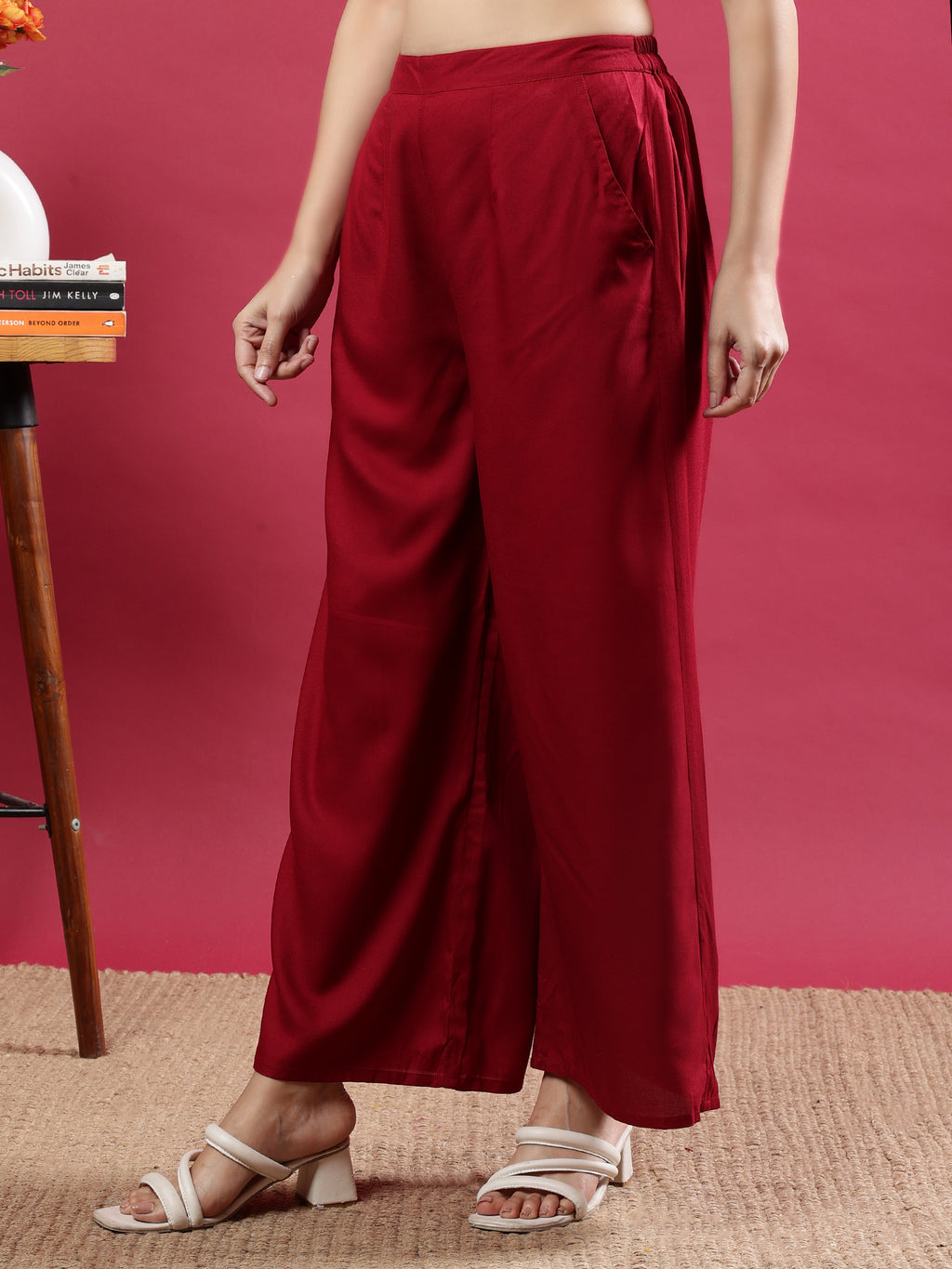 Maroon Viscose Rayon Wide-Leg Palazzo Pants with Pockets