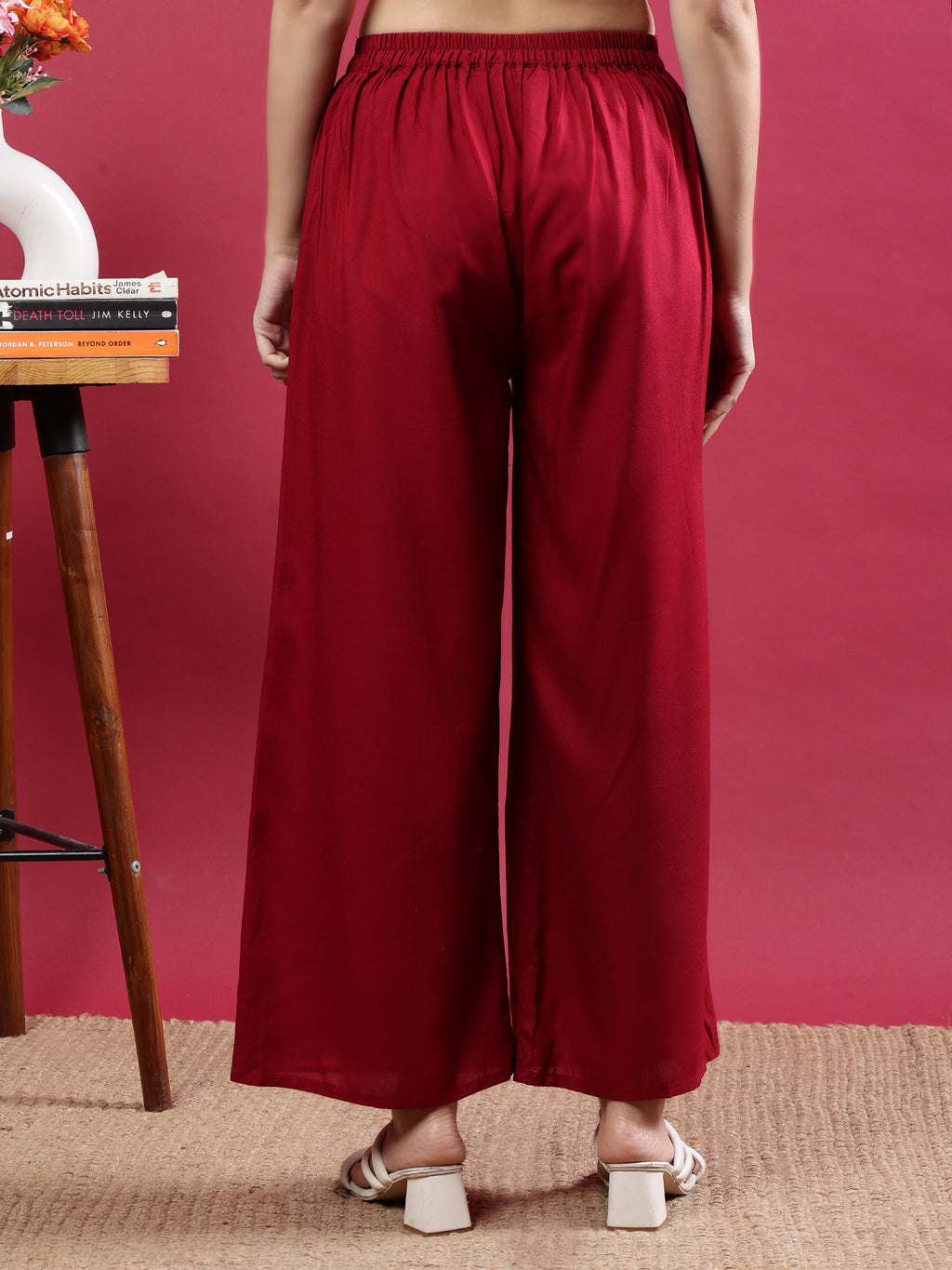 Maroon Viscose Rayon Wide-Leg Palazzo Pants with Pockets