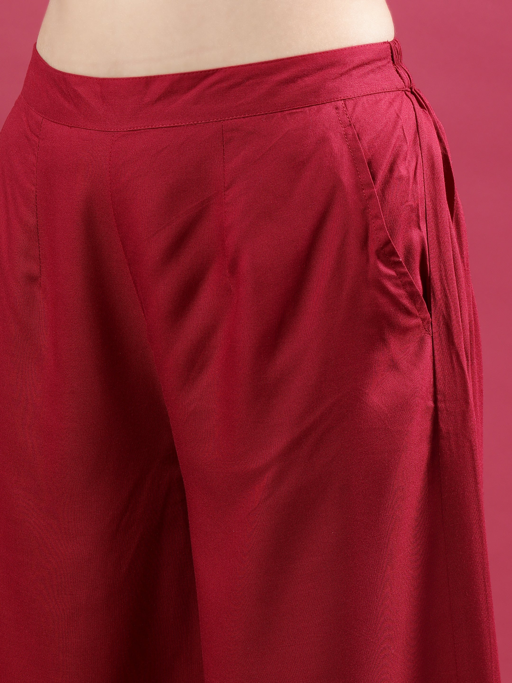 Maroon Viscose Rayon Wide-Leg Palazzo Pants with Pockets