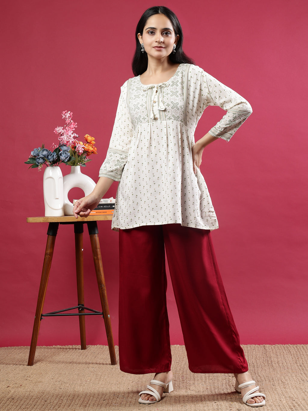 Maroon Viscose Rayon Wide-Leg Palazzo Pants with Pockets