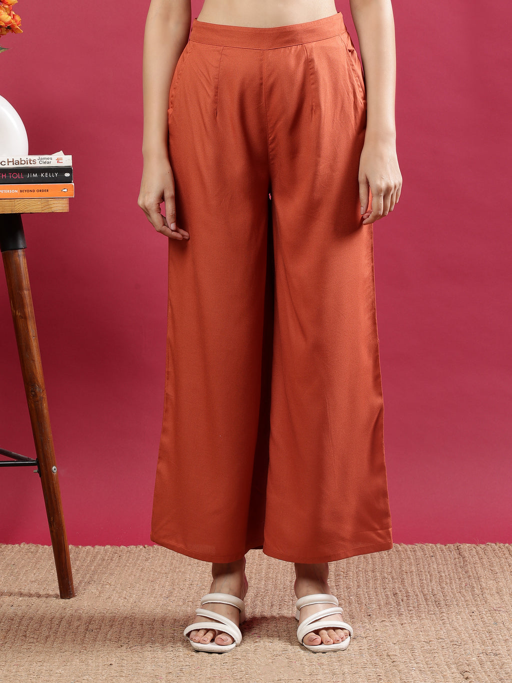 Rust Orange Viscose Rayon Palazzo Pants with Side Pockets