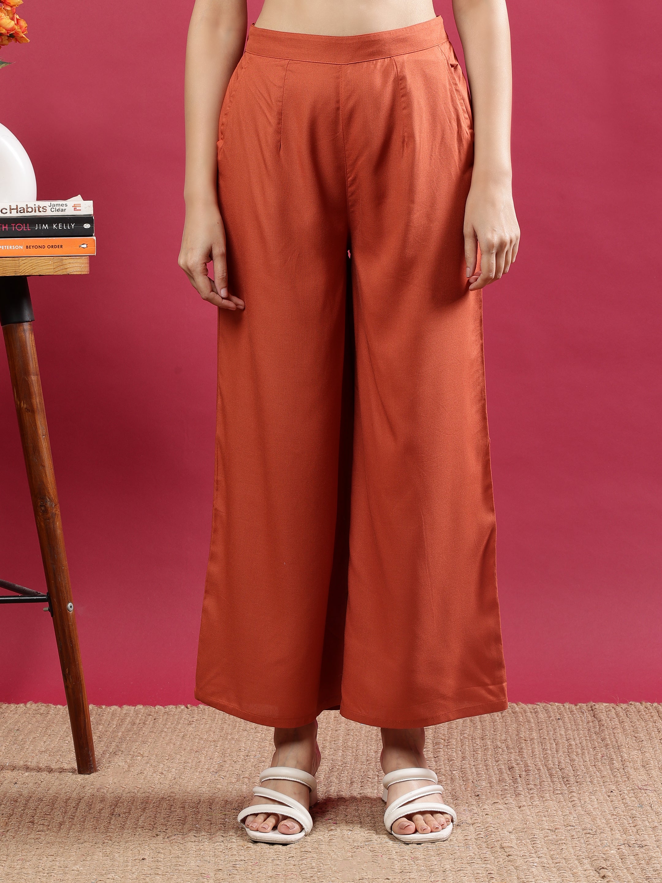 Rust Orange Viscose Rayon Palazzo Pants with Side Pockets
