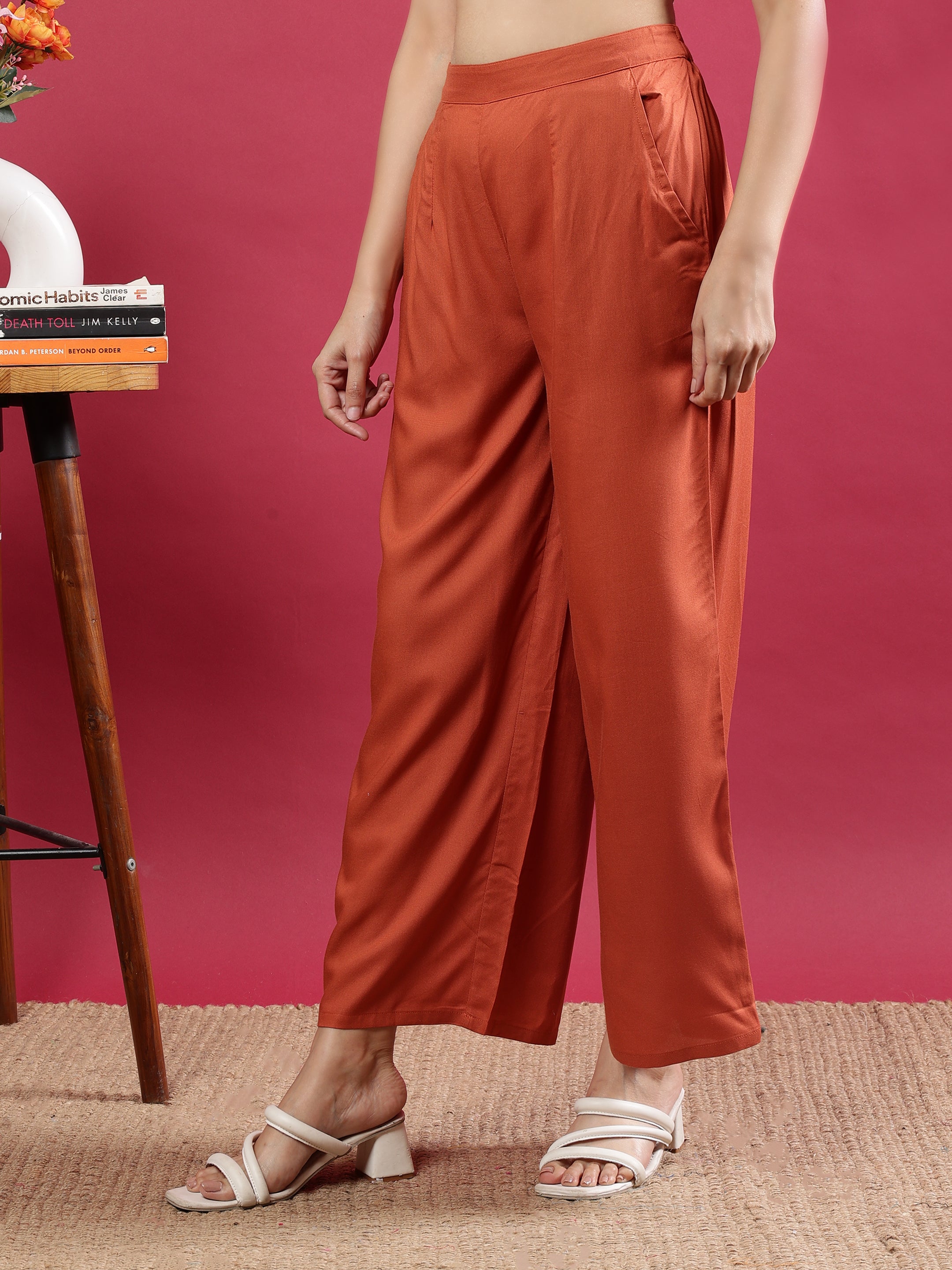 Rust Orange Viscose Rayon Palazzo Pants with Side Pockets