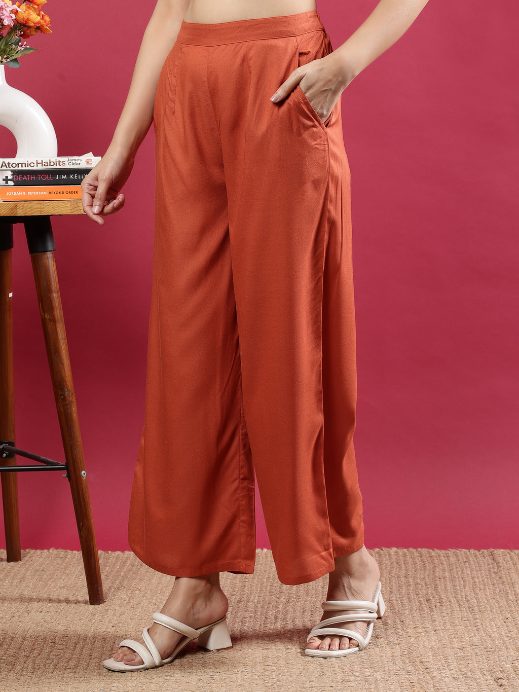 Rust Orange Viscose Rayon Palazzo Pants with Side Pockets Orange Viscose