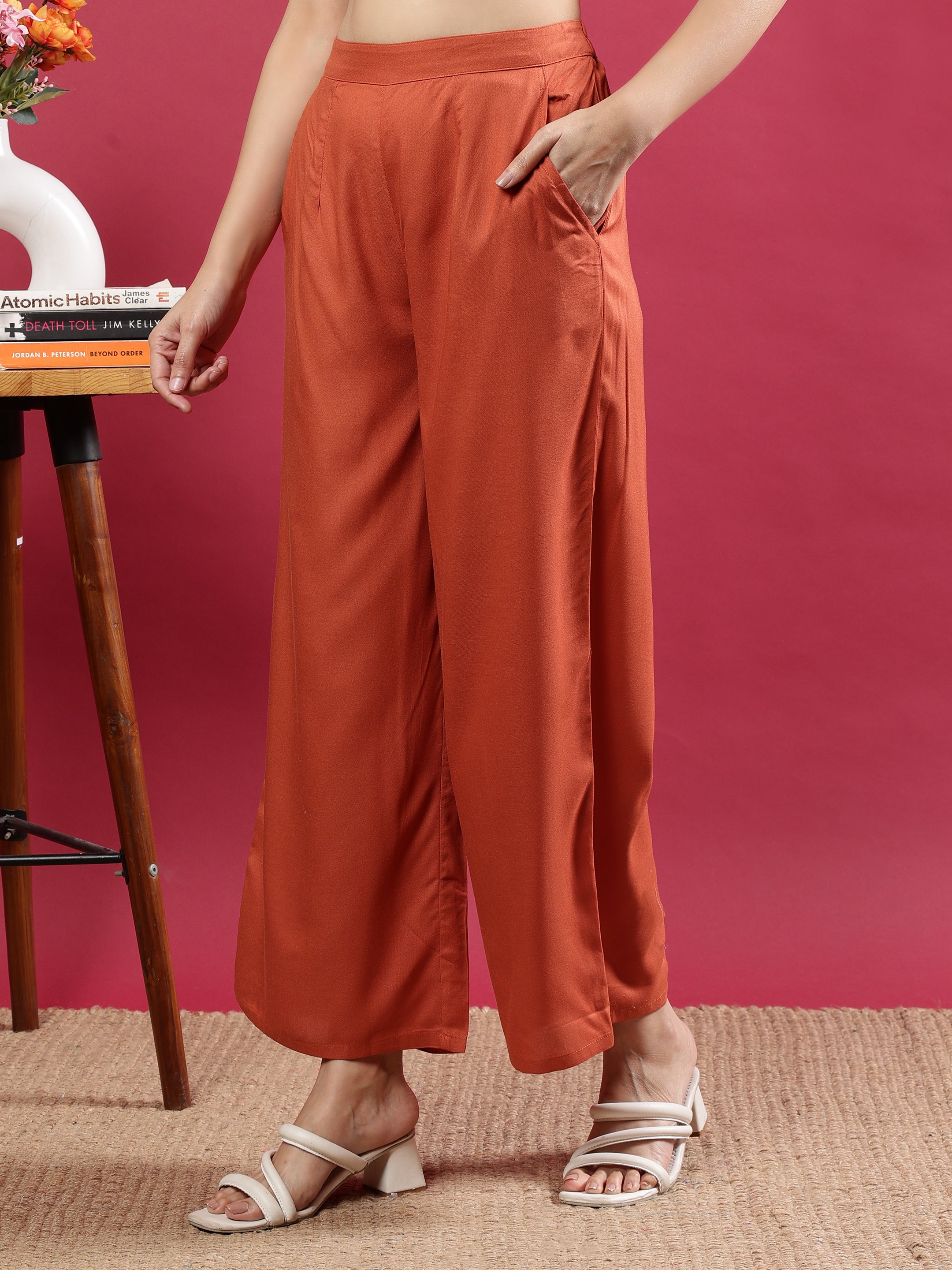 Rust Orange Viscose Rayon Palazzo Pants with Side Pockets Orange Viscose