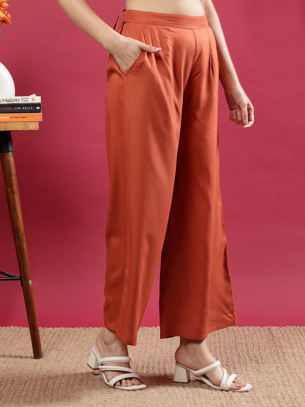 Rust Orange Viscose Rayon Palazzo Pants with Side Pockets