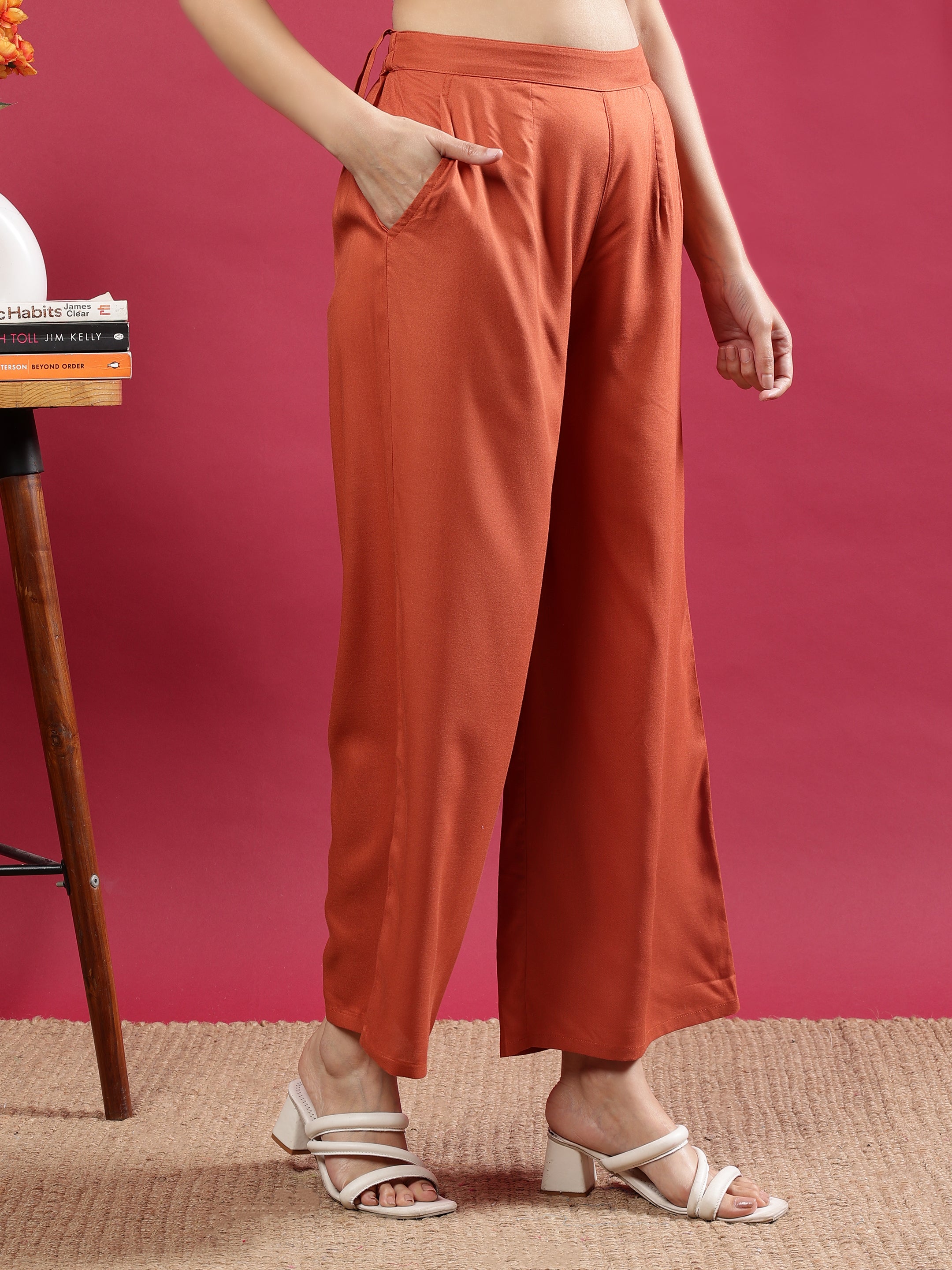 Rust Orange Viscose Rayon Palazzo Pants with Side Pockets