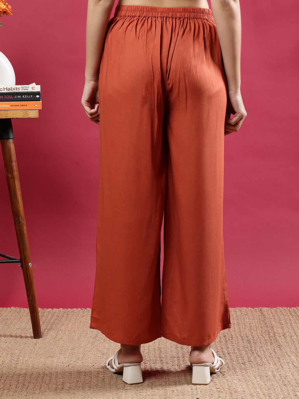 Rust Orange Viscose Rayon Palazzo Pants with Side Pockets