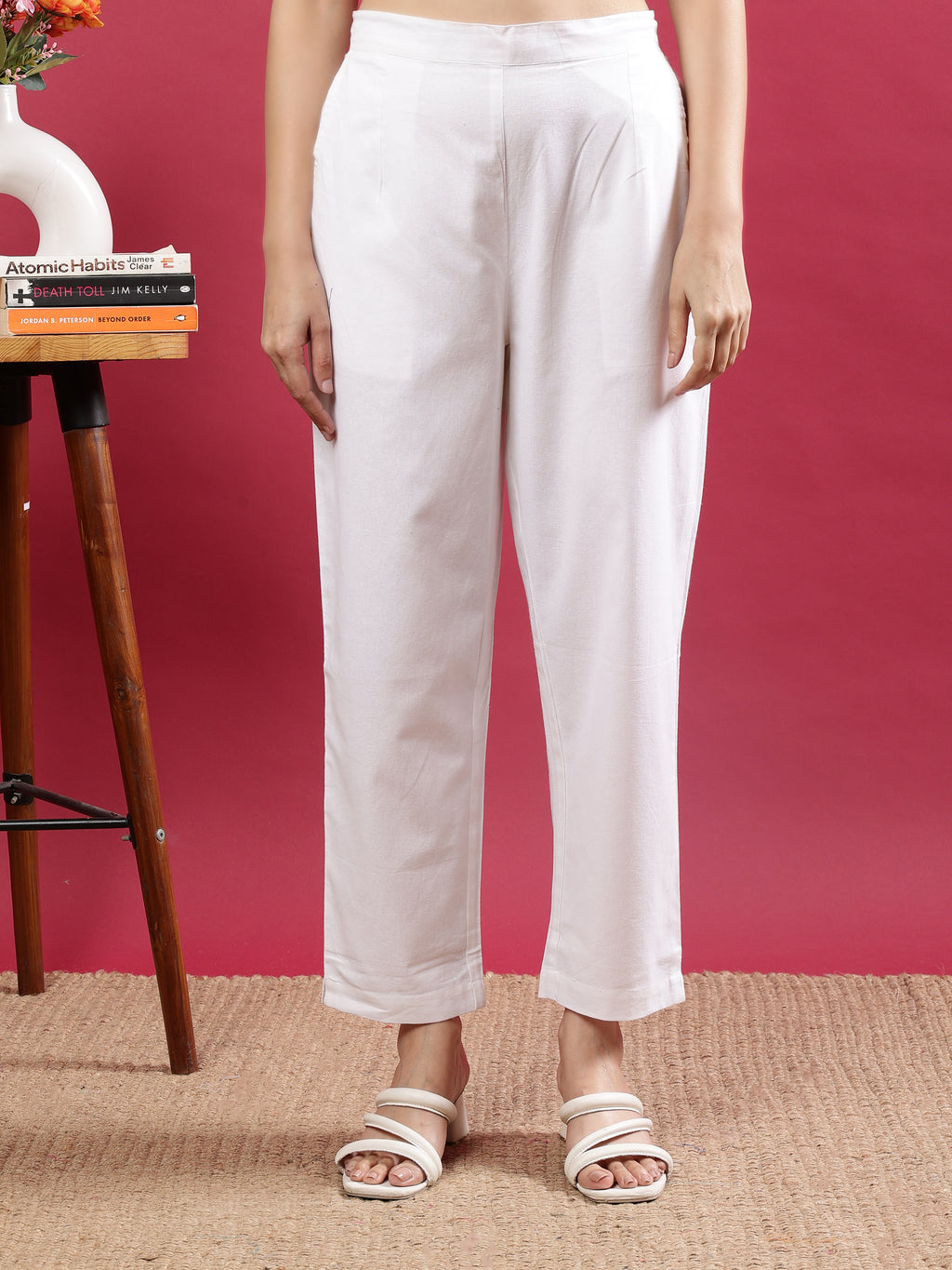 White Cotton Straight-Fit Pants with Side Pockets