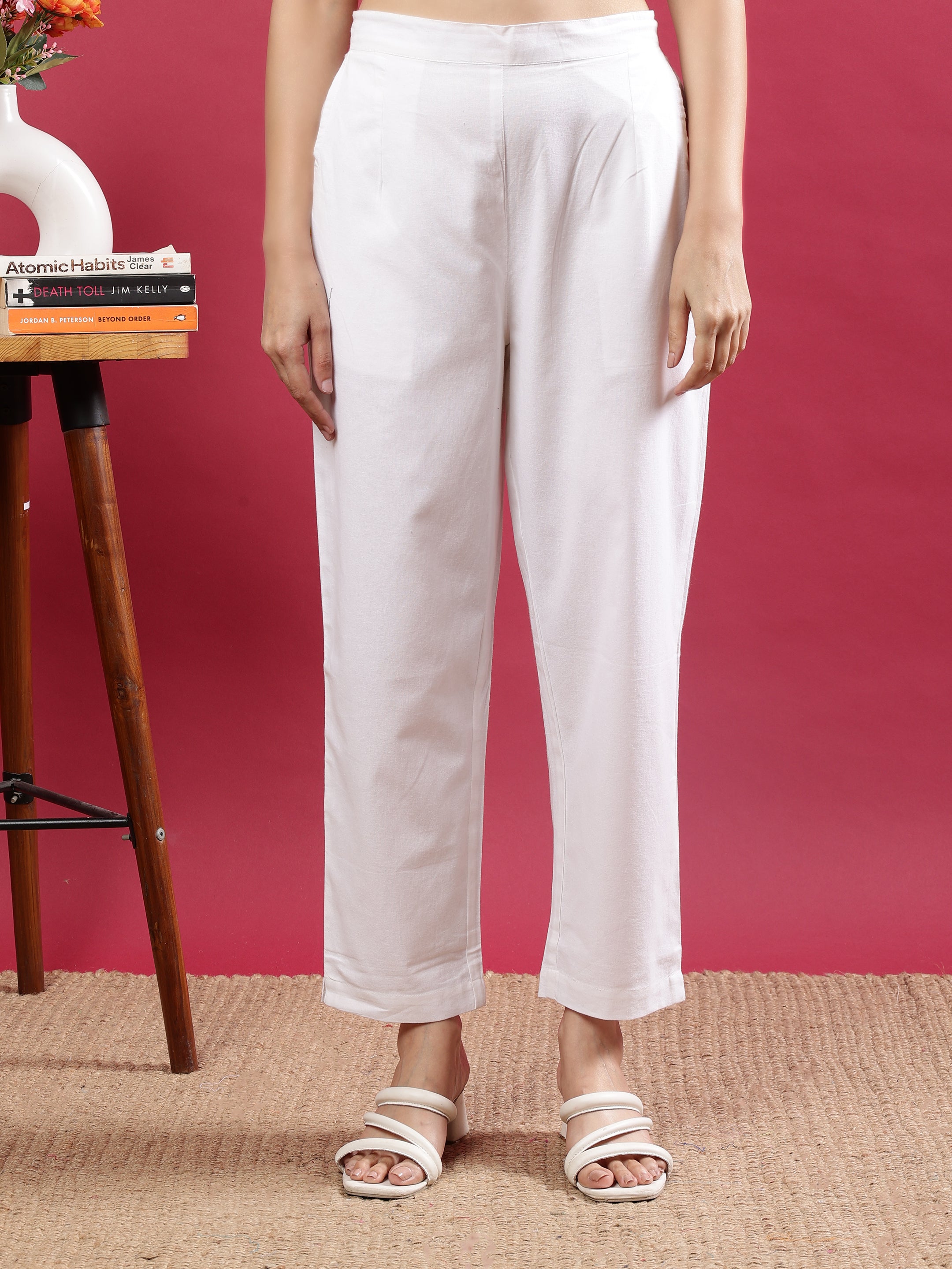White Cotton Straight-Fit Pants with Side Pockets