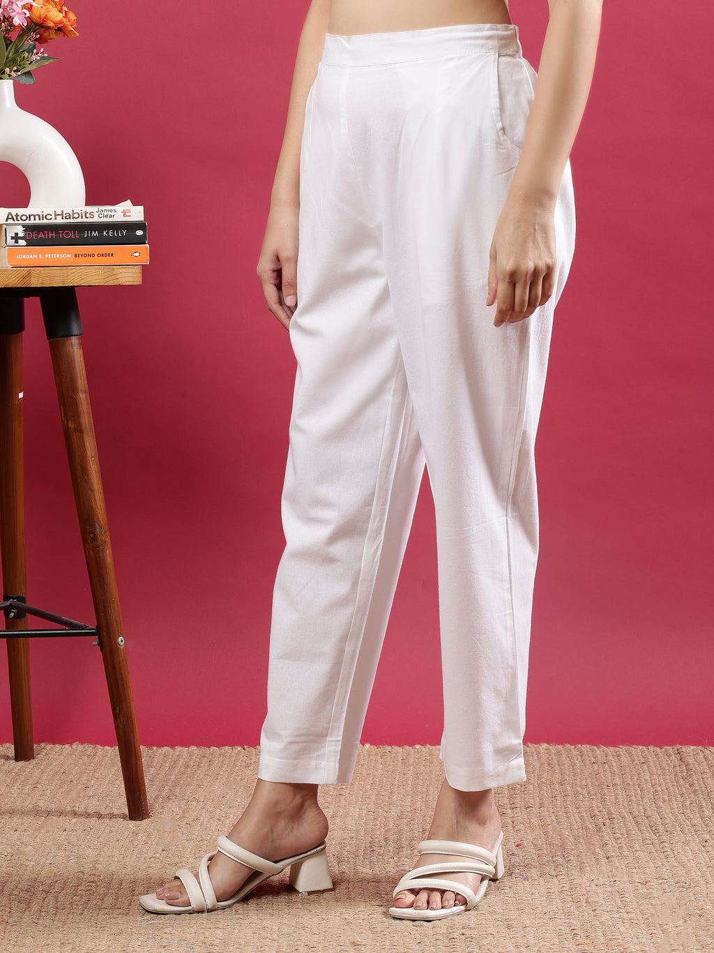 White Cotton Straight-Fit Pants with Side Pockets White