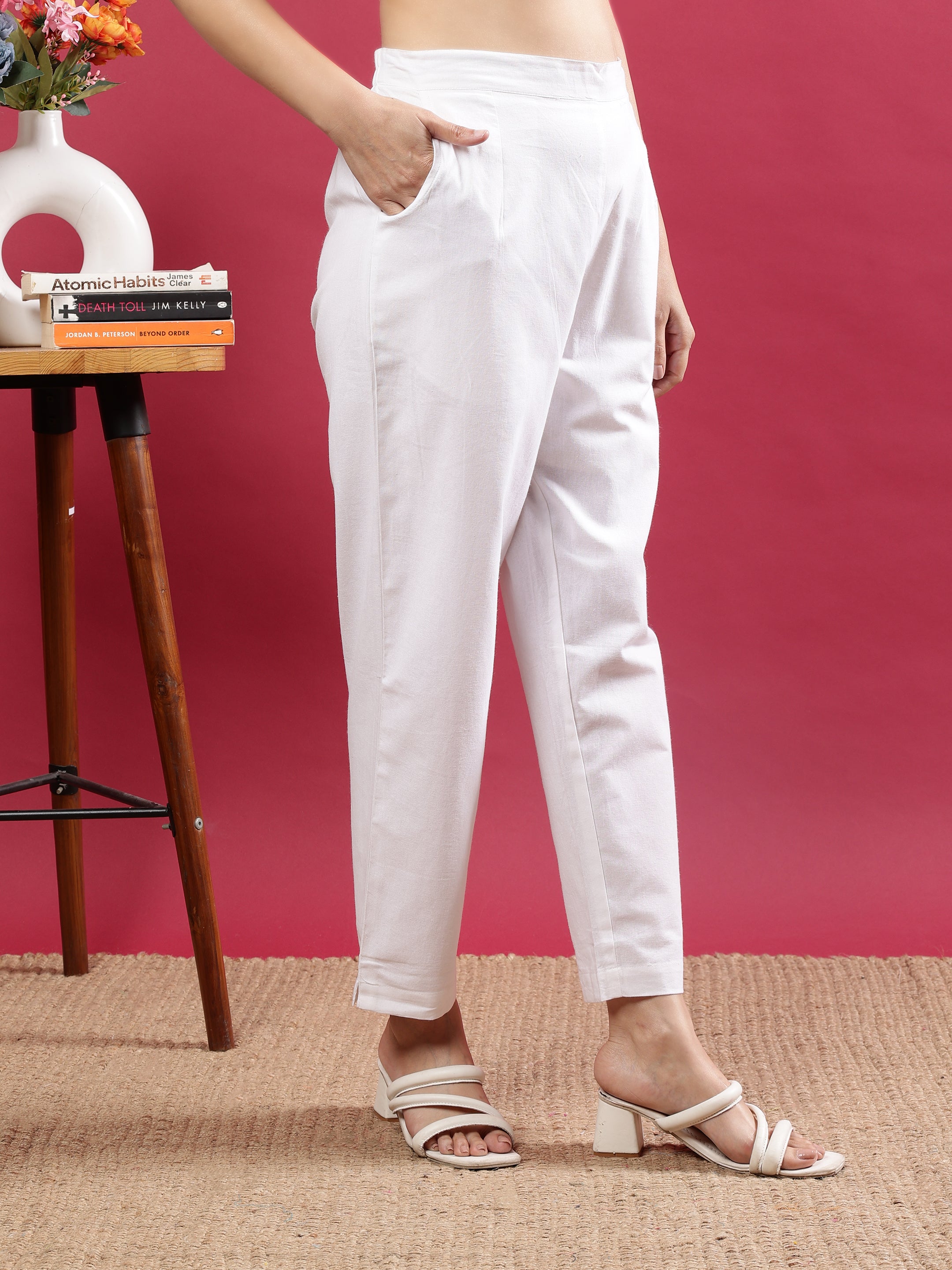 White Cotton Straight-Fit Pants with Side Pockets