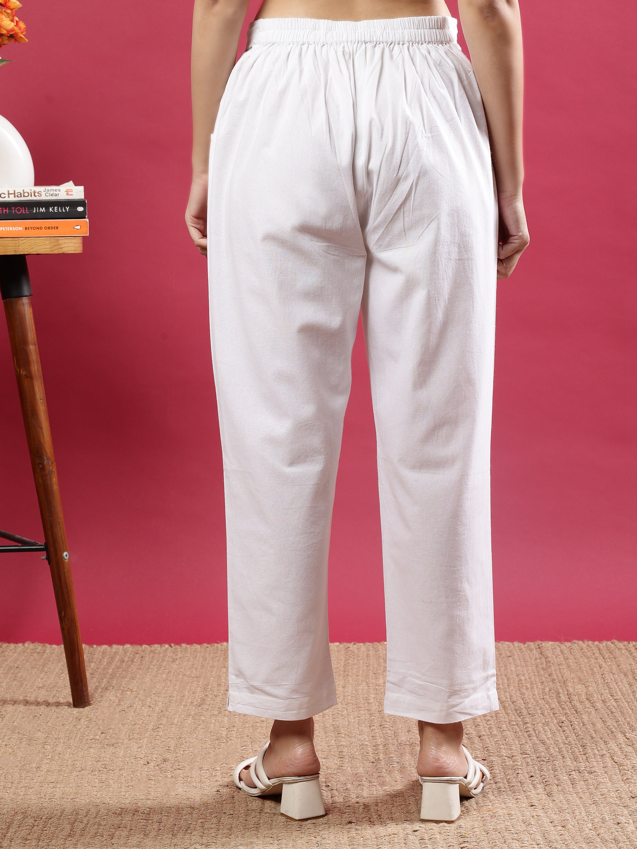 White Cotton Straight-Fit Pants with Side Pockets