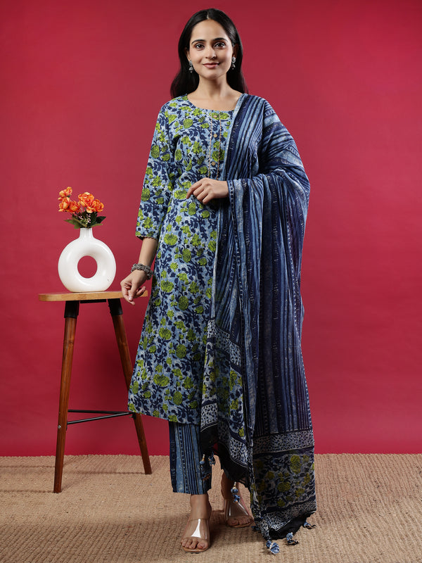 Blue Floral Printed Rayon Kurta Set with Dupatta Blue Rayon