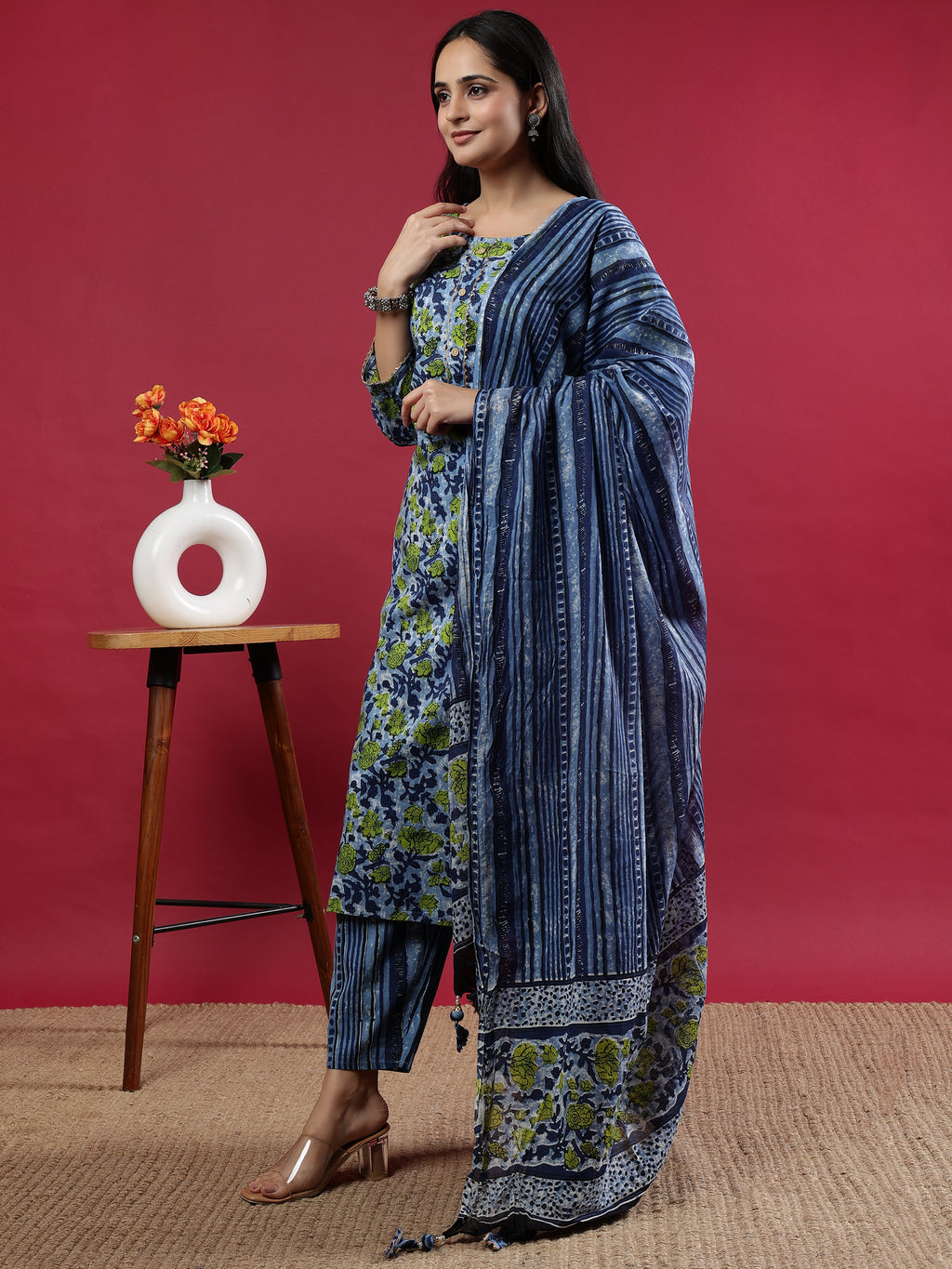 Blue Floral Printed Rayon Kurta Set with Dupatta