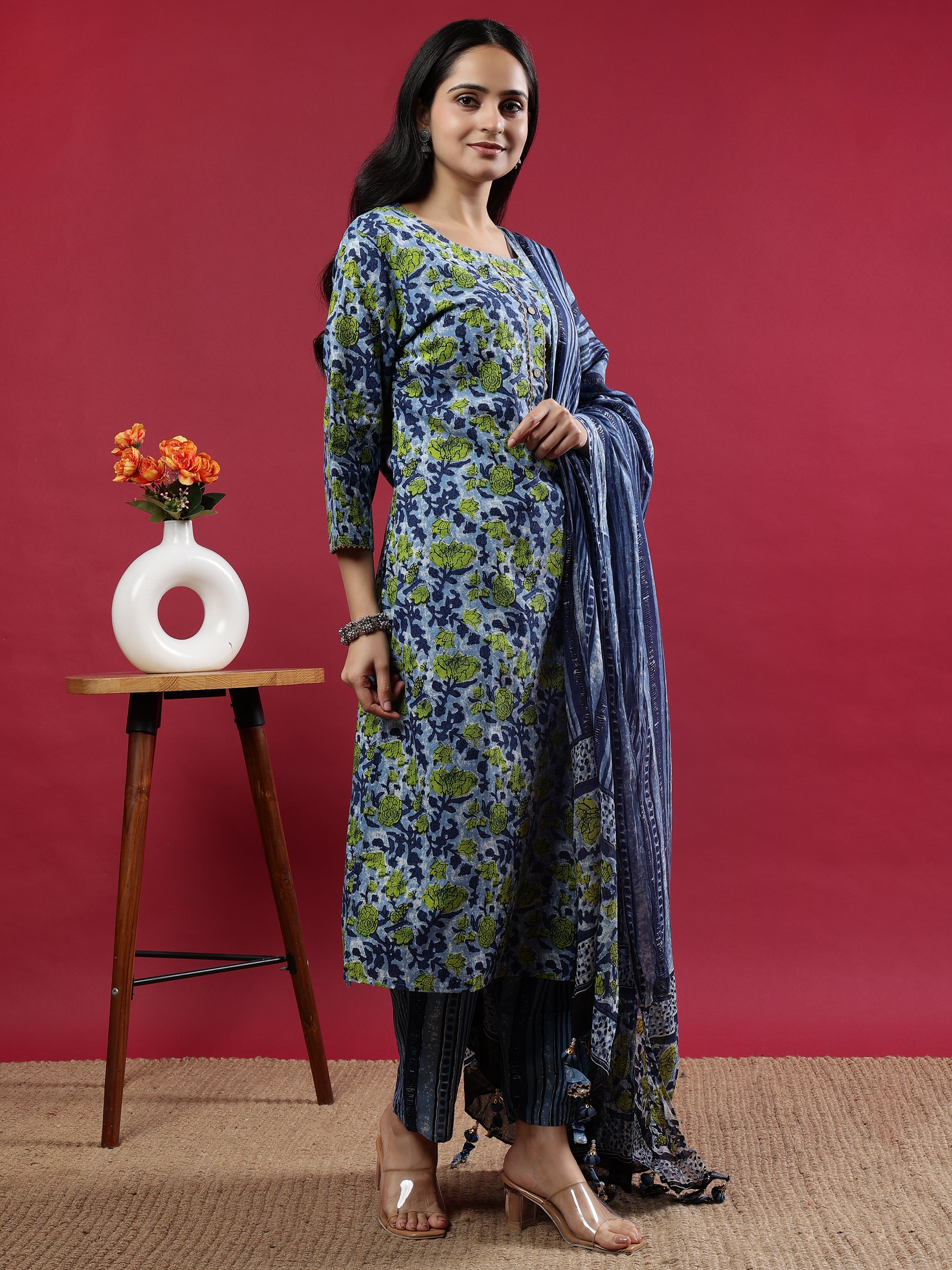 Blue Floral Printed Rayon Kurta Set with Dupatta