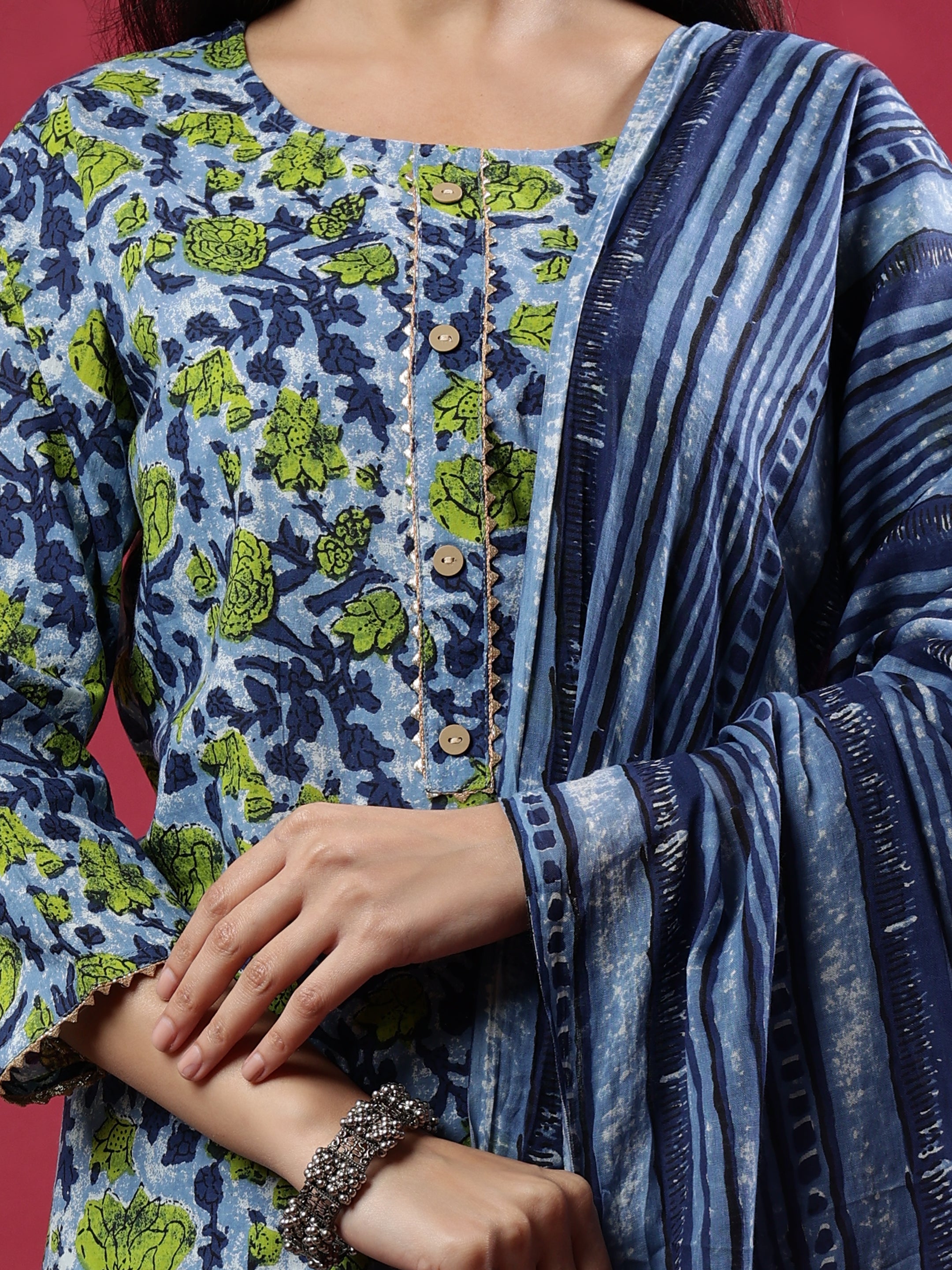 Blue Floral Printed Rayon Kurta Set with Dupatta