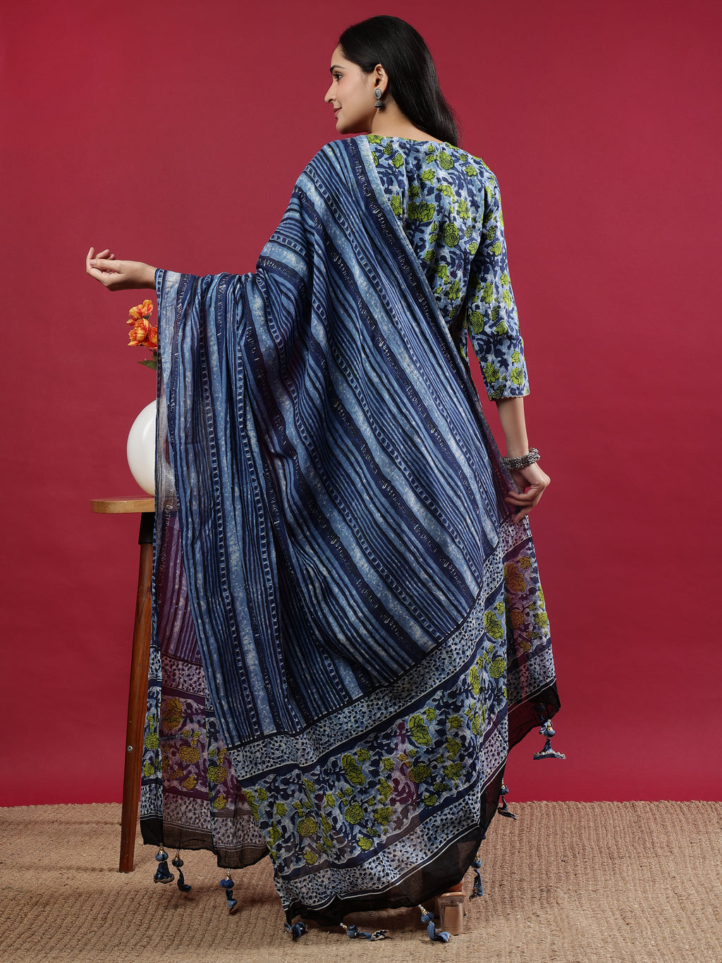 Blue Floral Printed Rayon Kurta Set with Dupatta
